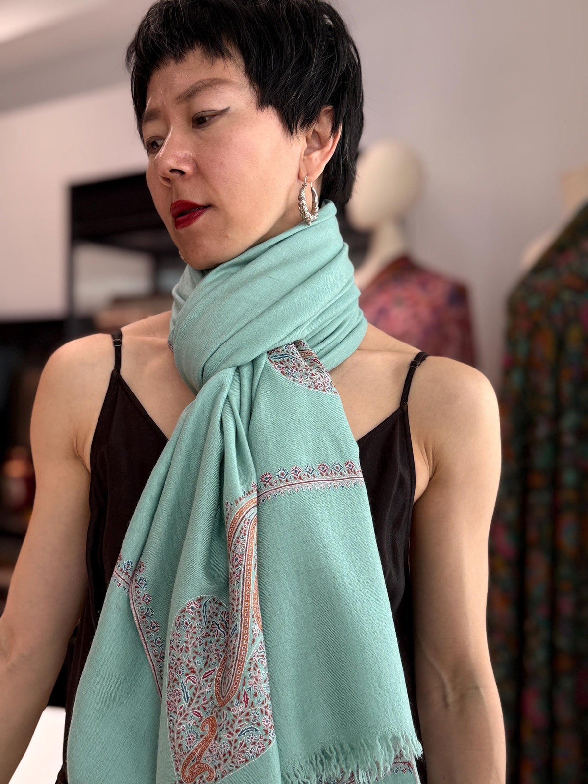 Jade Green Hashia Embroidered Pashmina Shawl with GI Tag