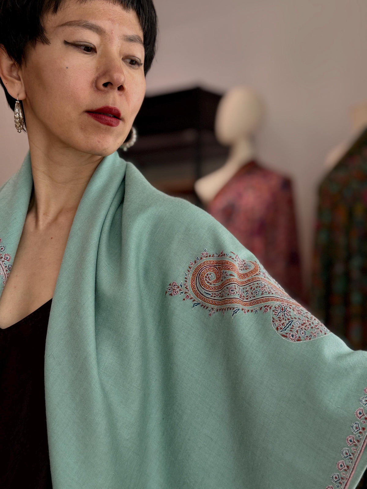 Jade Green Hashia Embroidered Pashmina Shawl with GI Tag