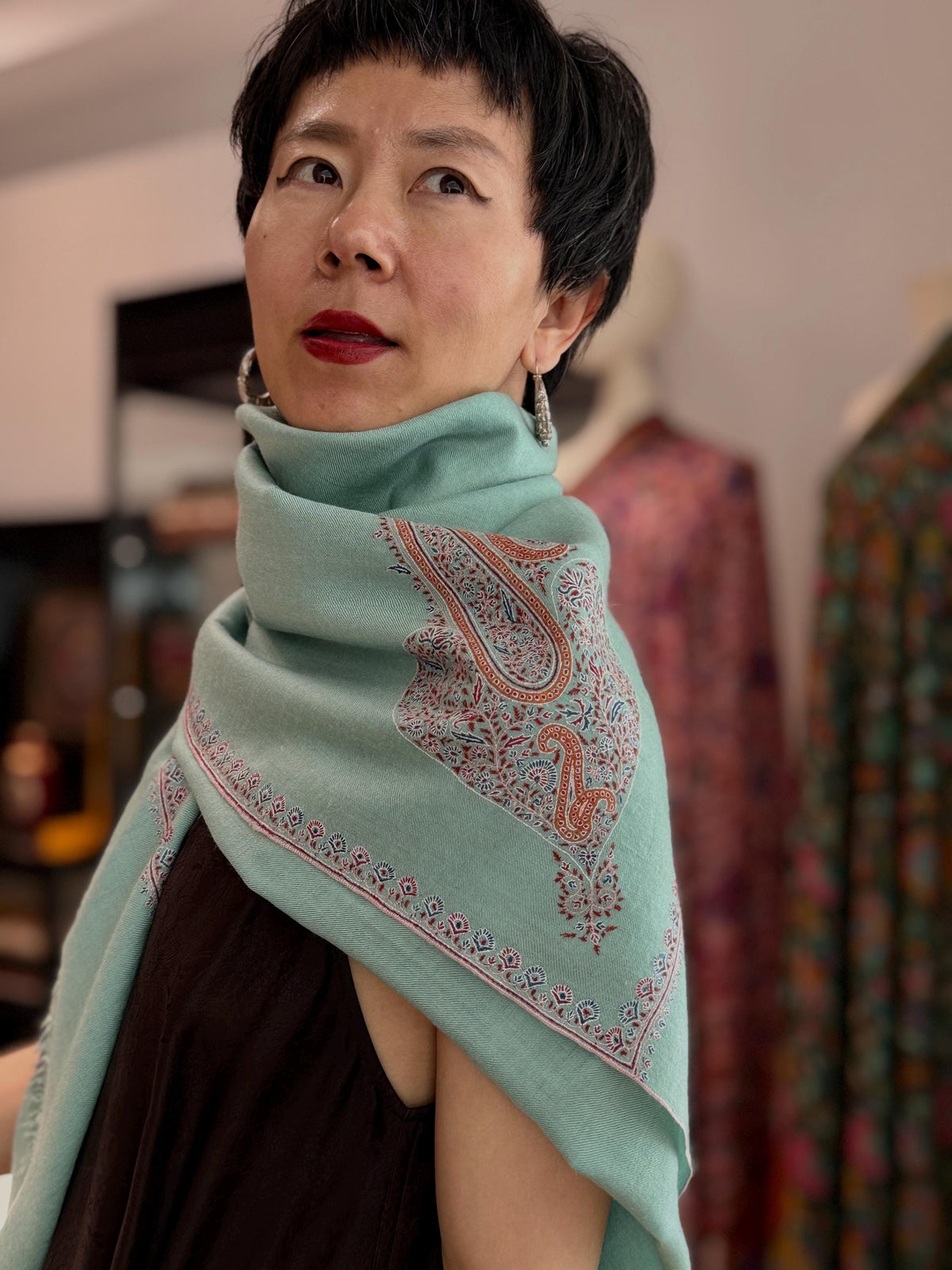 Jade Green Hashia Embroidered Pashmina Shawl with GI Tag