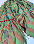 Emerald Green Floral Design Kani Pashmina Shawl with Intricate Weaving Details