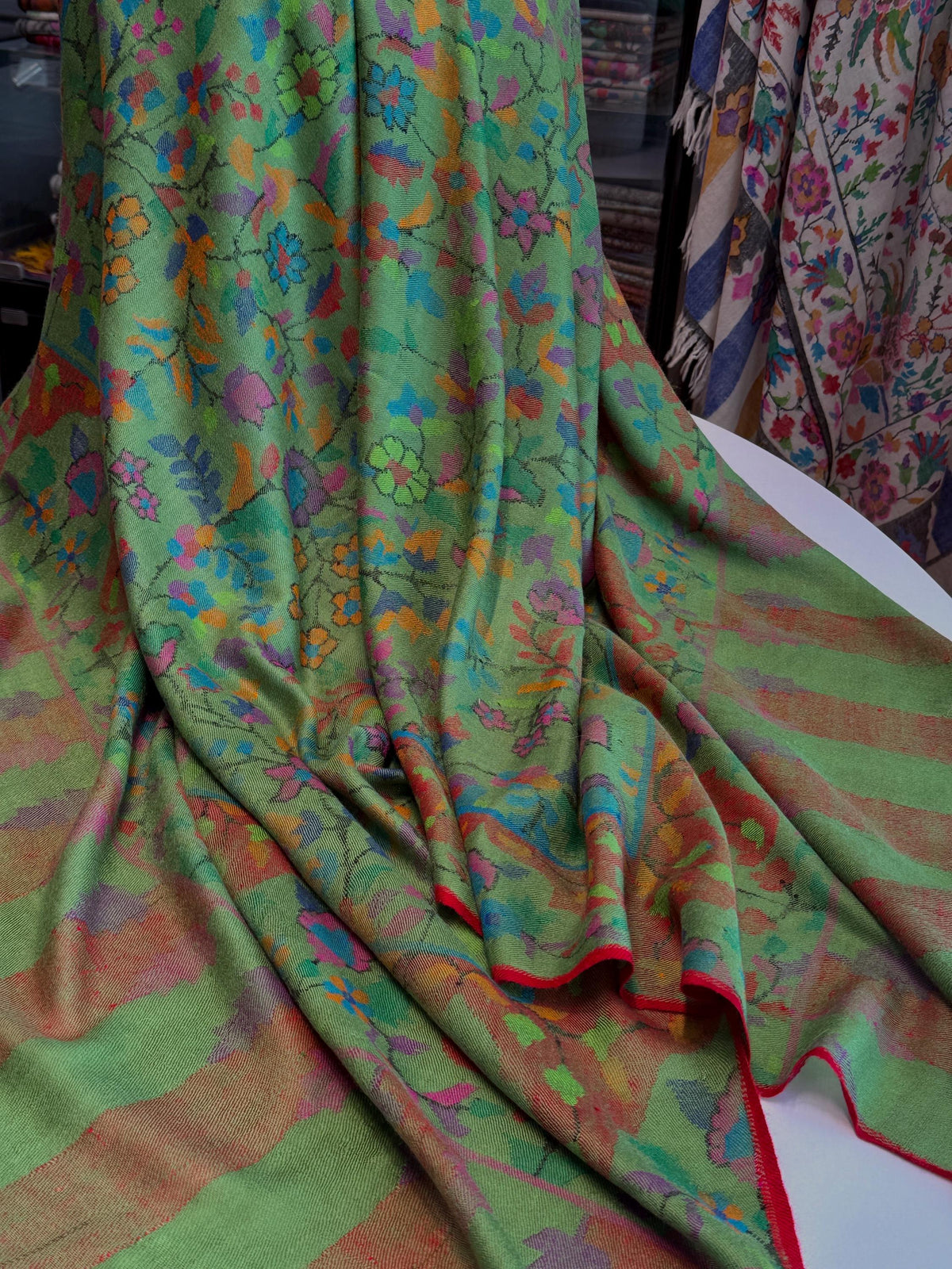 Emerald Green Floral Design Kani Pashmina Shawl with Intricate Weaving Details