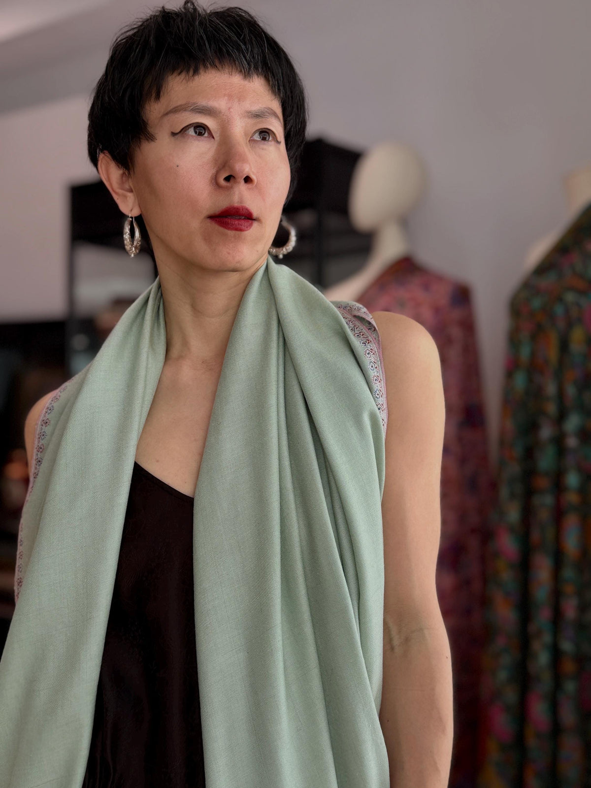 Sage Green Hashia Embroidered Pashmina Shawl with GI Tag