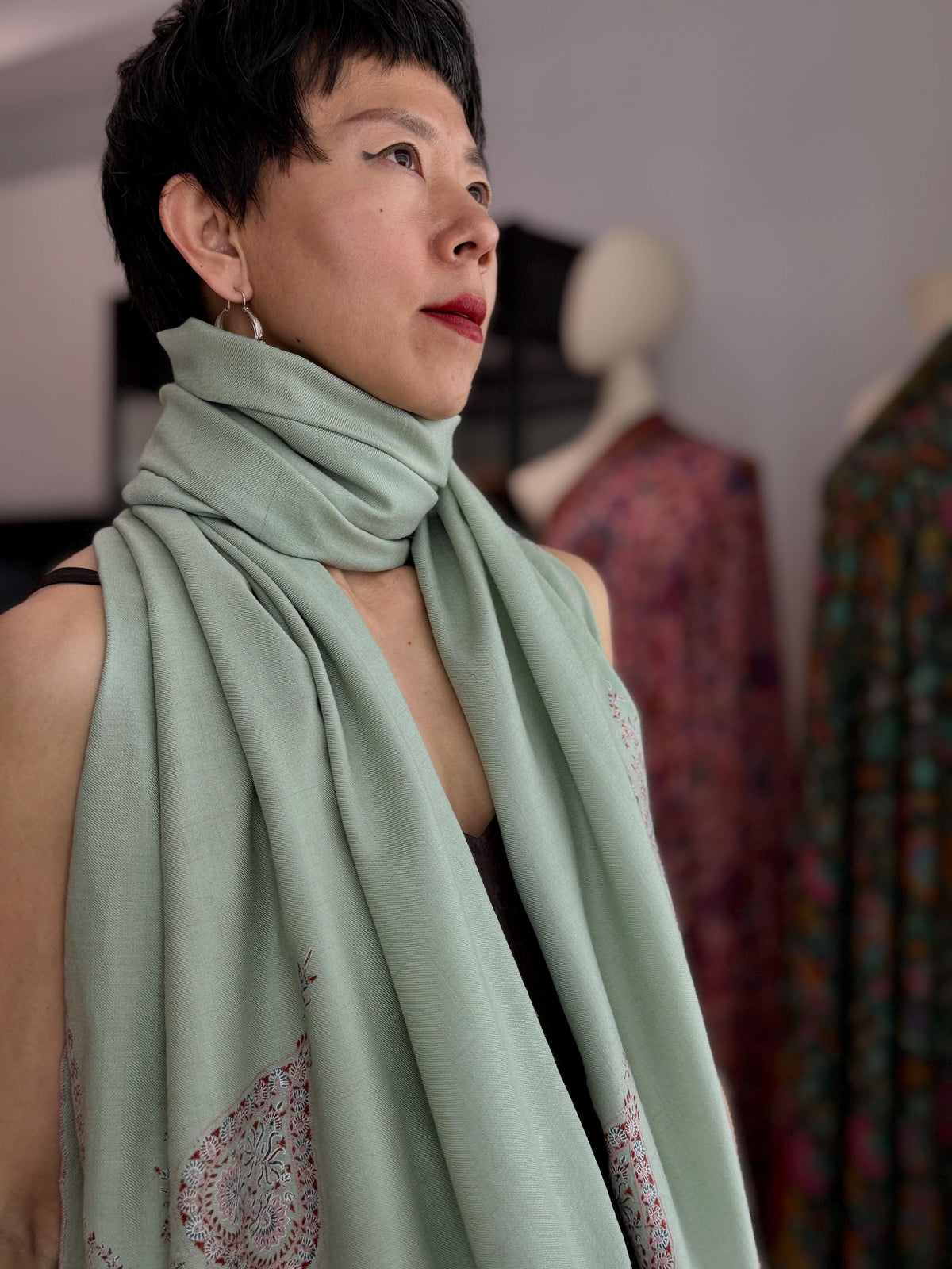 Sage Green Hashia Embroidered Pashmina Shawl with GI Tag