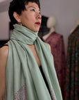 Sage Green Hashia Embroidered Pashmina Shawl with GI Tag
