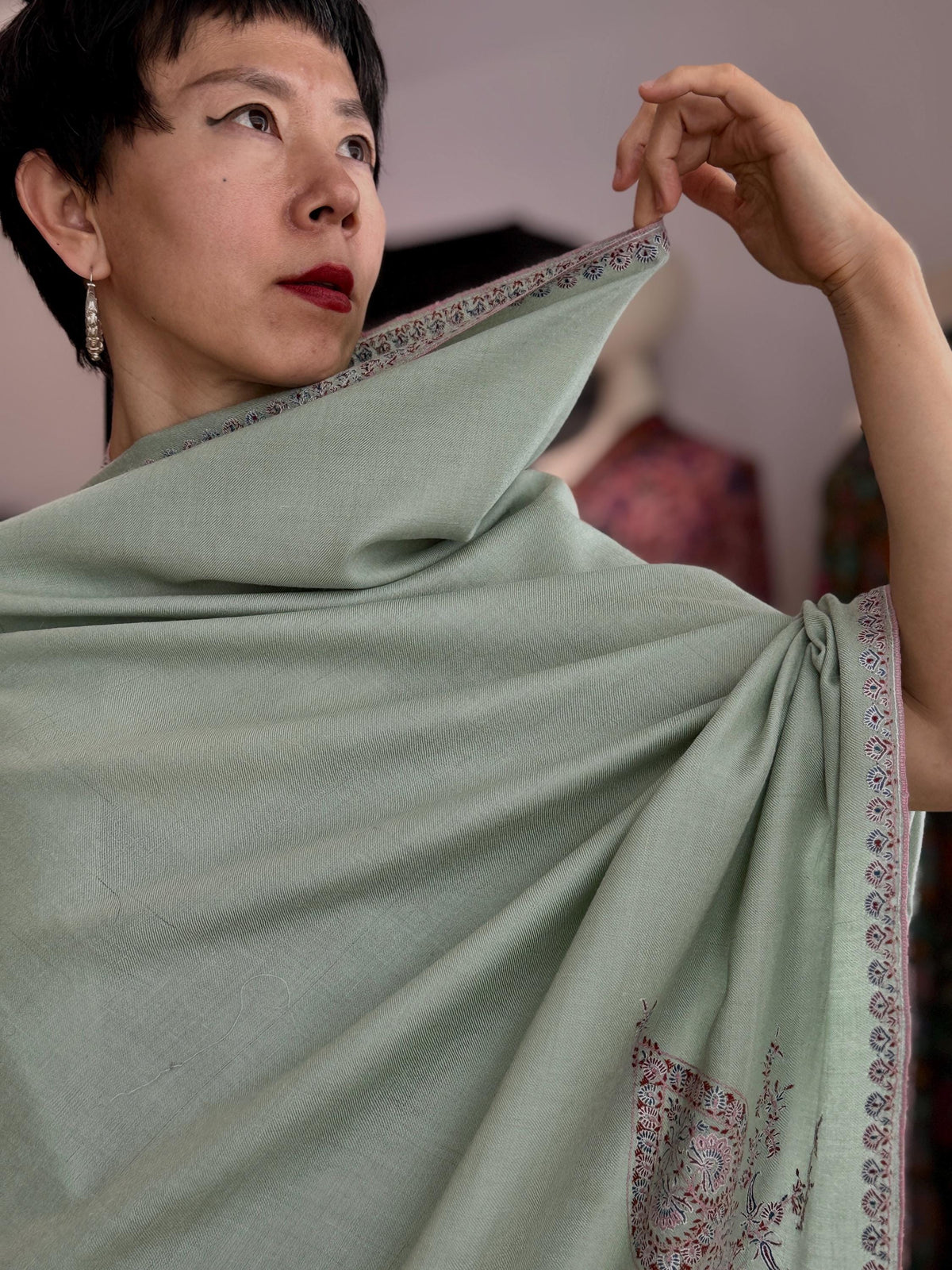 Sage Green Hashia Embroidered Pashmina Shawl with GI Tag