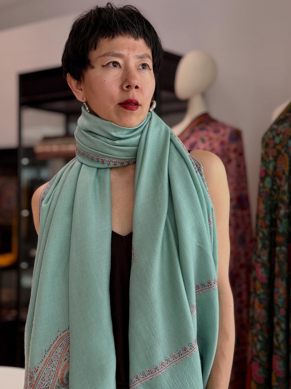 Jade Green Hashia Embroidered Pashmina Shawl with GI Tag
