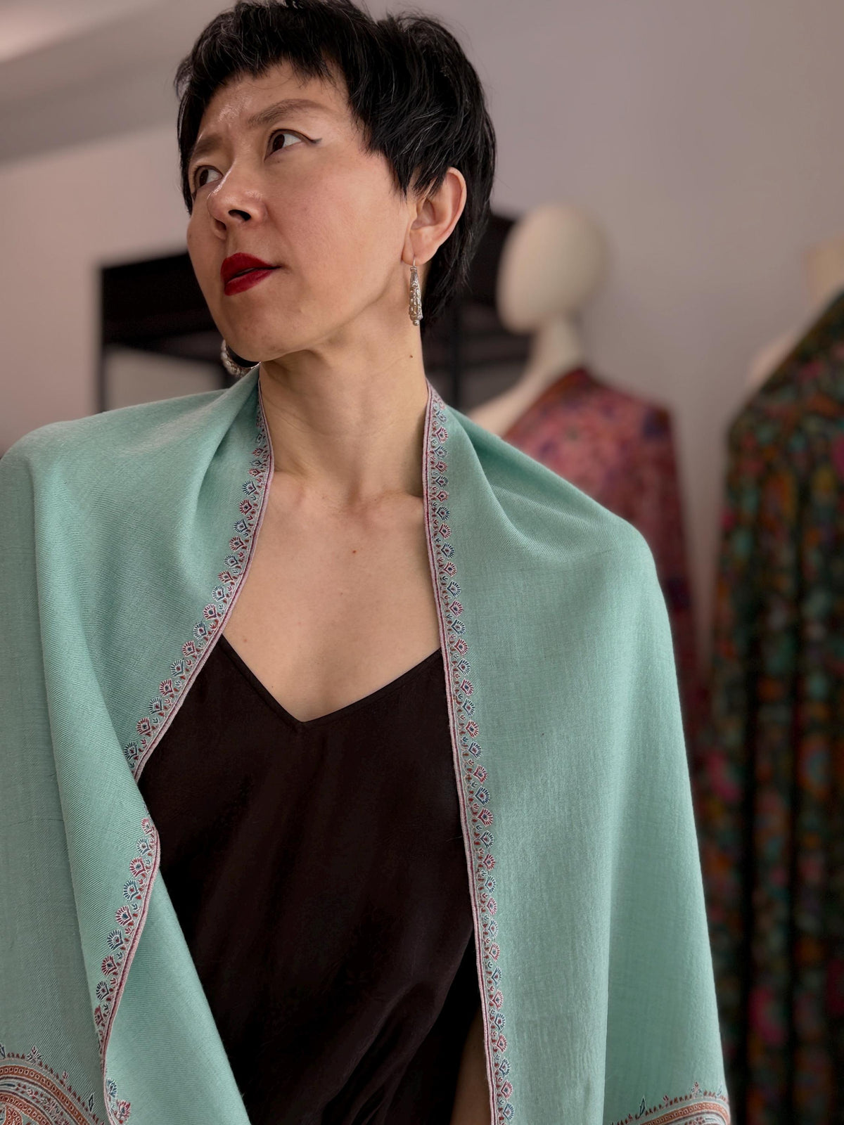 Jade Green Hashia Embroidered Pashmina Shawl with GI Tag