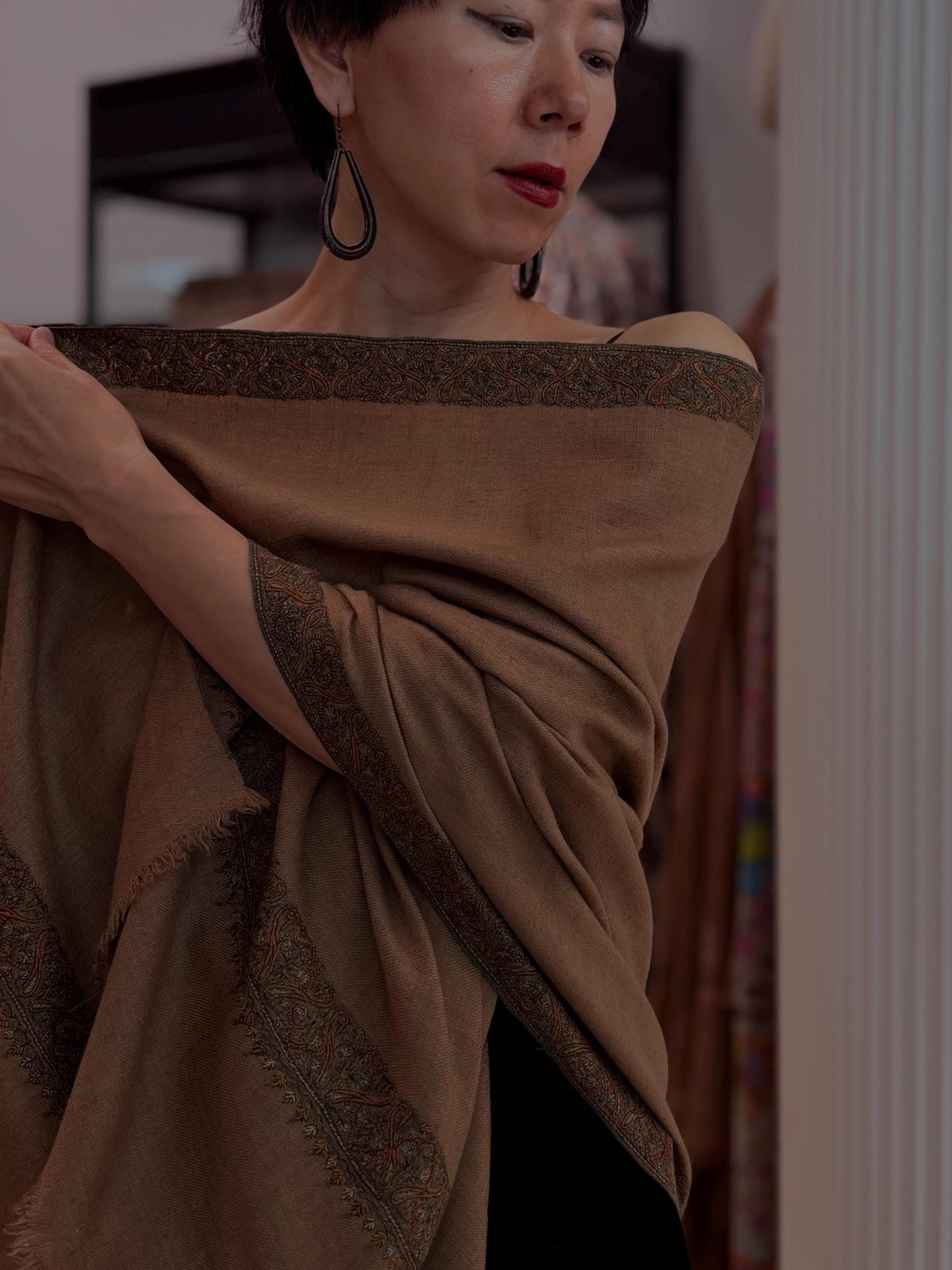 Vintage Golden Dhoor Embroidered Pashmina Shawl with Handspun Yarns