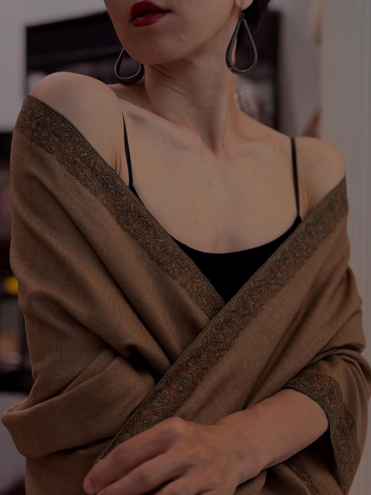 Vintage Golden Dhoor Embroidered Pashmina Shawl with Handspun Yarns