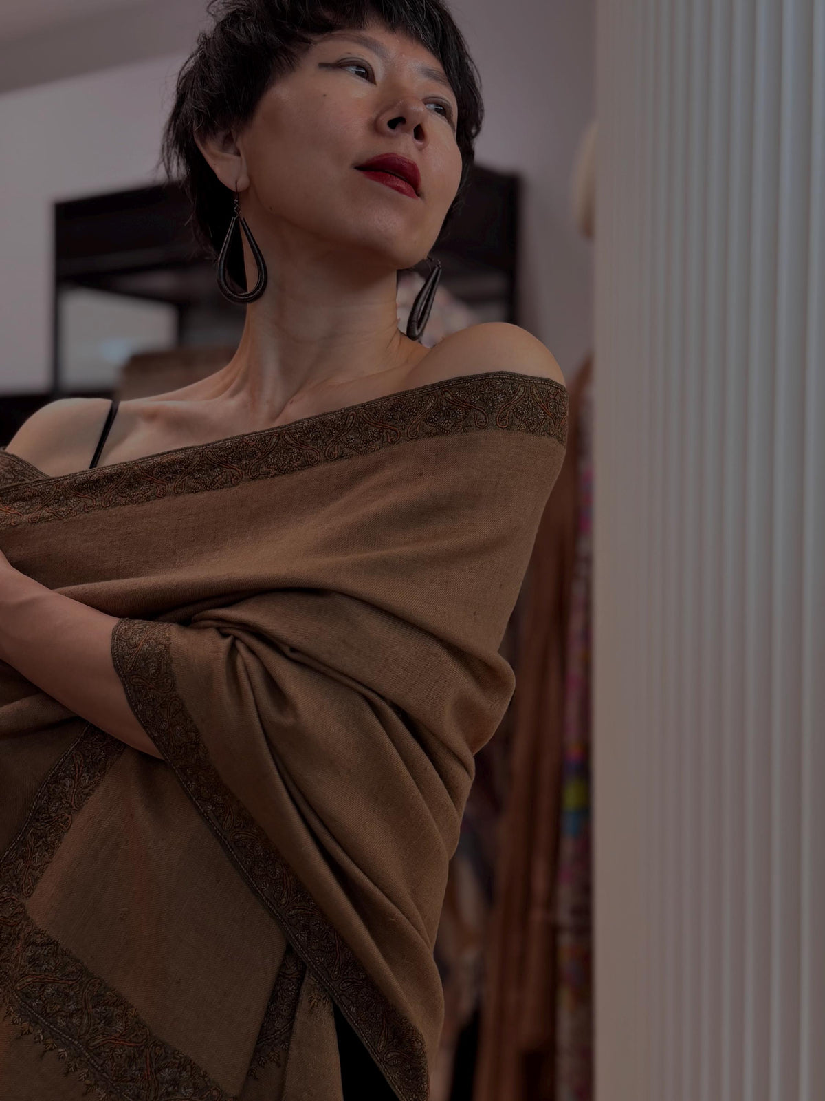 Vintage Golden Dhoor Embroidered Pashmina Shawl with Handspun Yarns