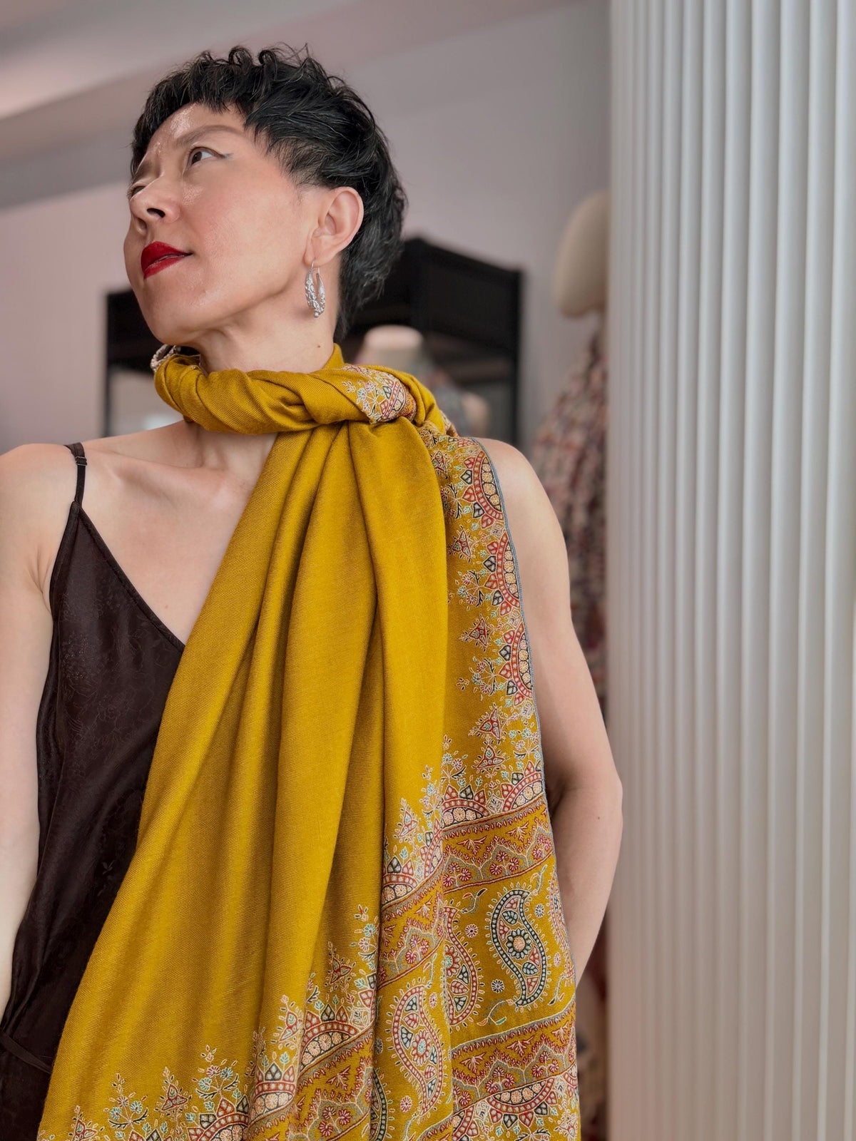 Mustard Palla Embroidered Pashmina Shawl with Paisley Design Details