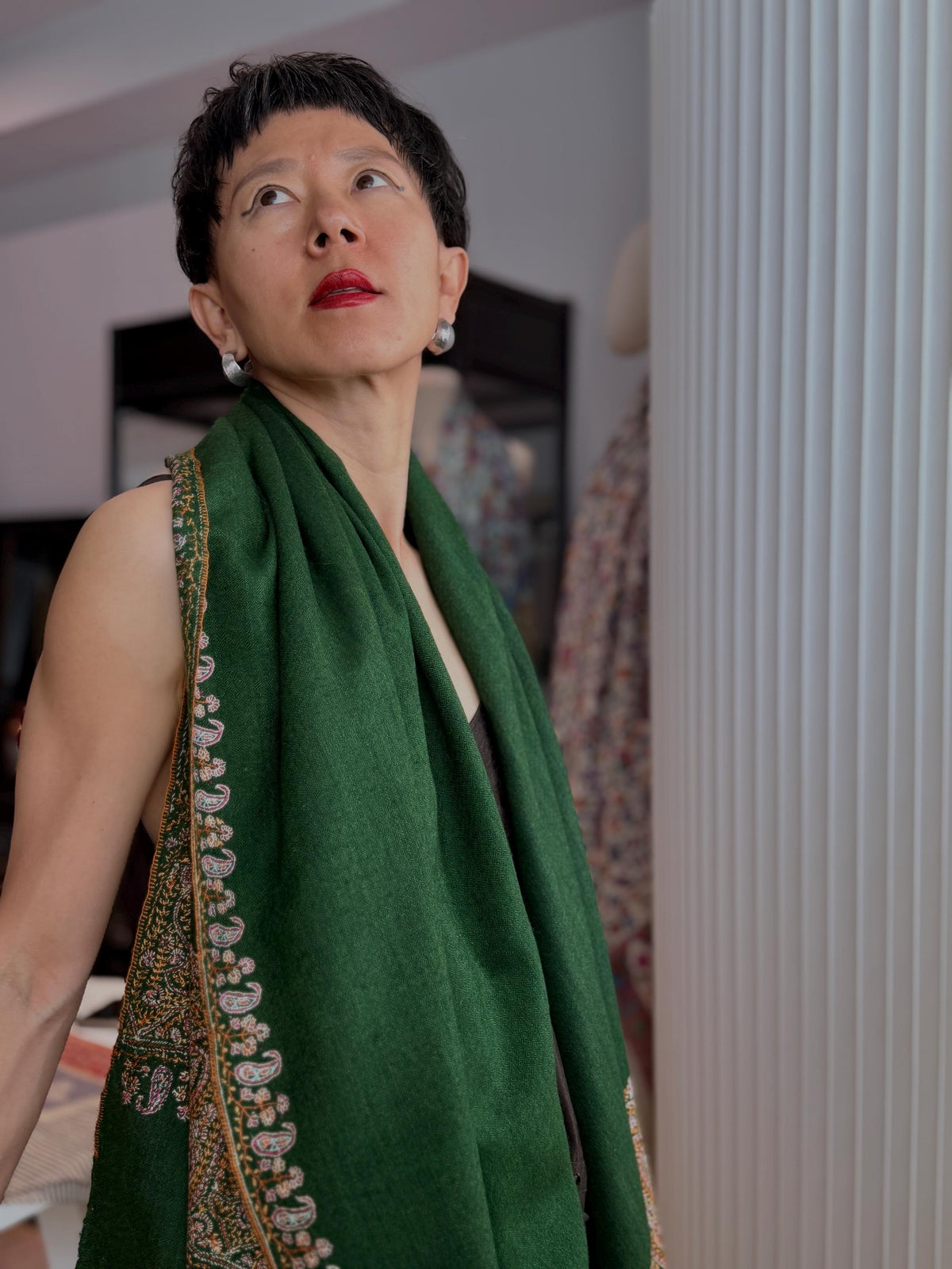 Vintage Pine Green Palla Embroidered Pashmina Shawl with Paisley Designs