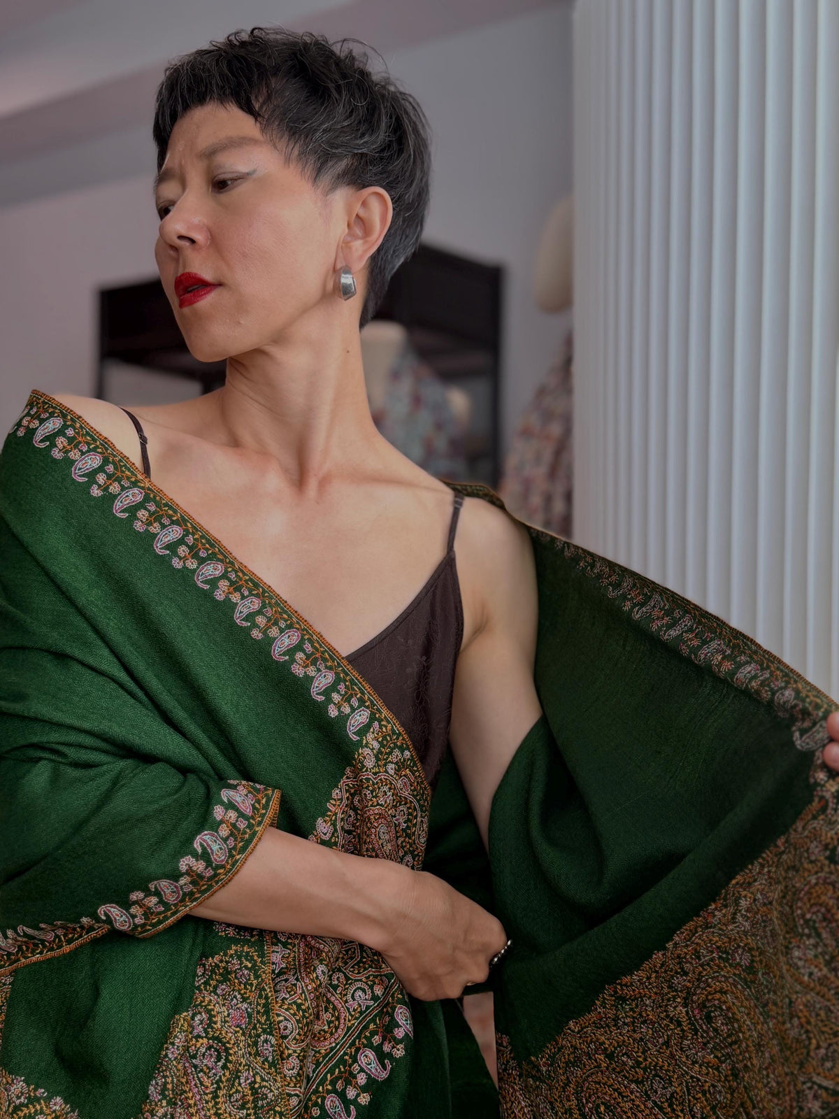 Vintage Pine Green Palla Embroidered Pashmina Shawl with Paisley Designs