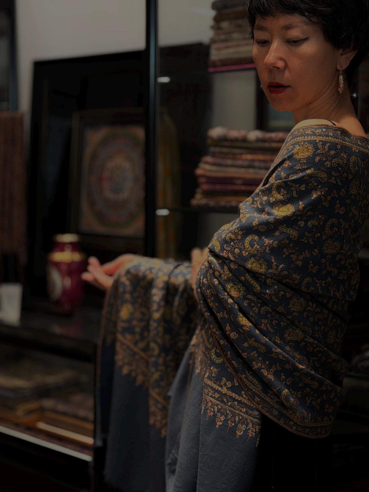 Vintage Foggy Blue Jaal Embroidered Pashmina Shawl with Intricate  Details