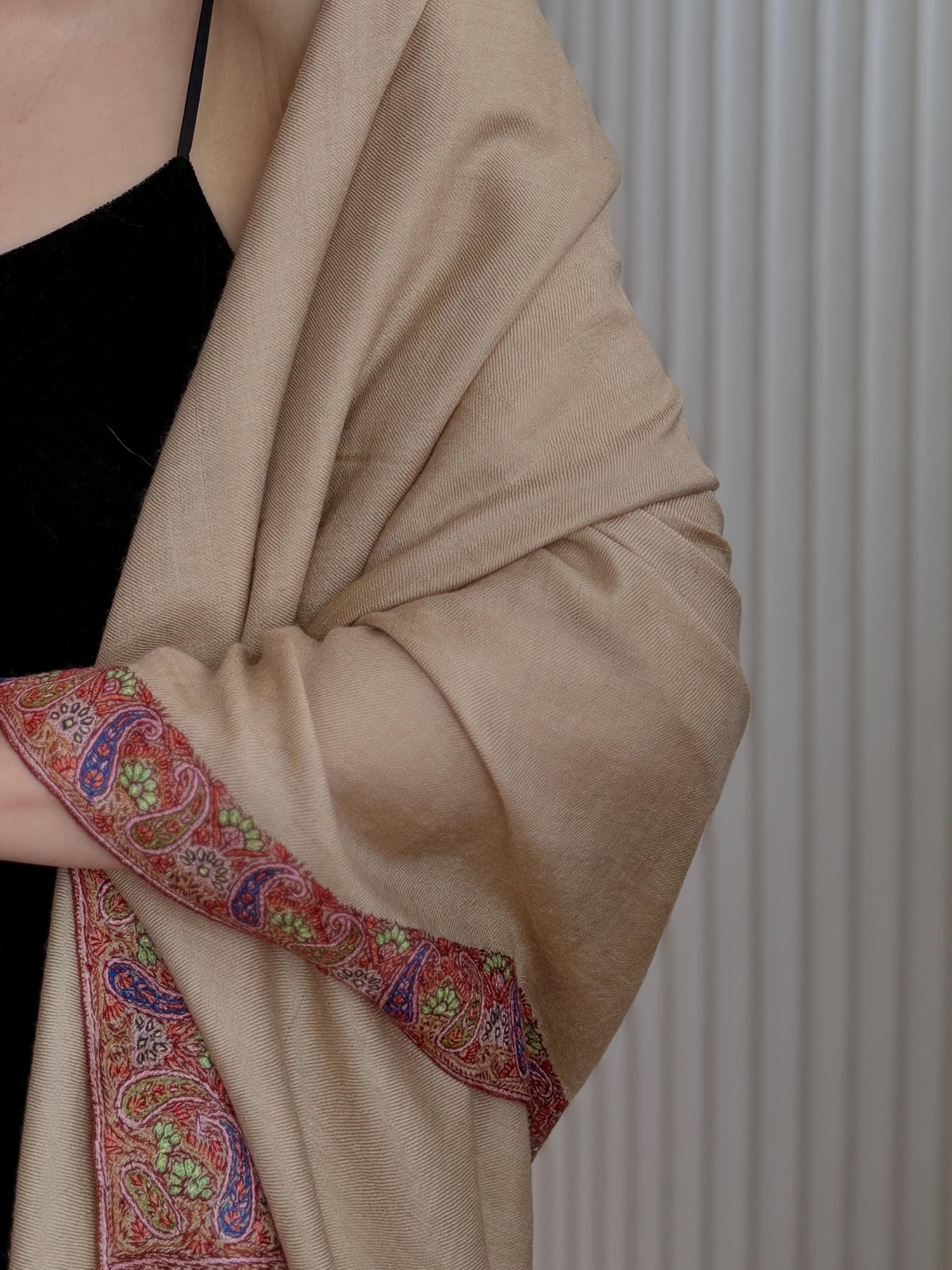Elegant Apricot Dhoor Embroidered Pashmina Shawl with Intricate Designs
