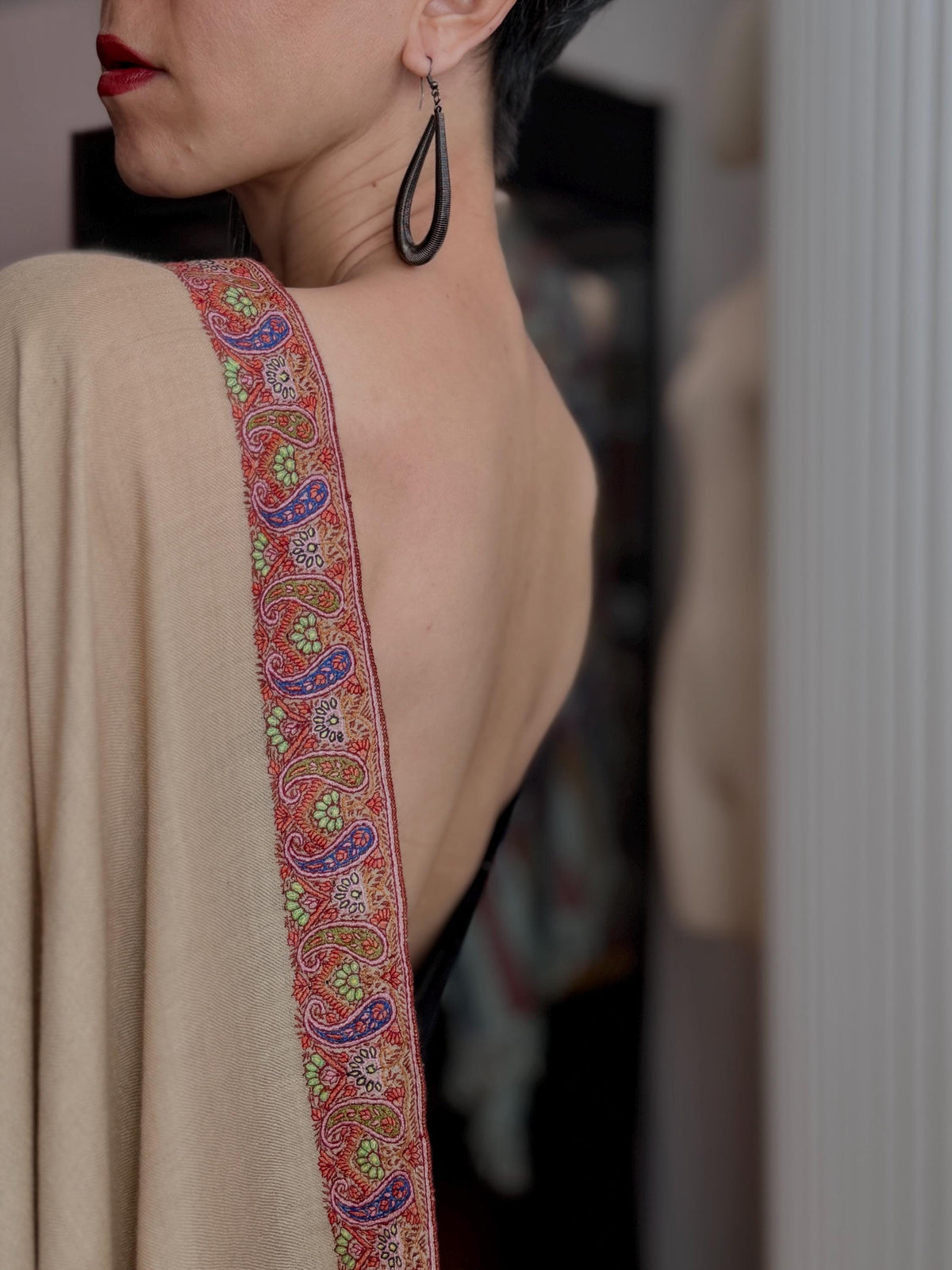 Elegant Apricot Dhoor Embroidered Pashmina Shawl with Intricate Designs