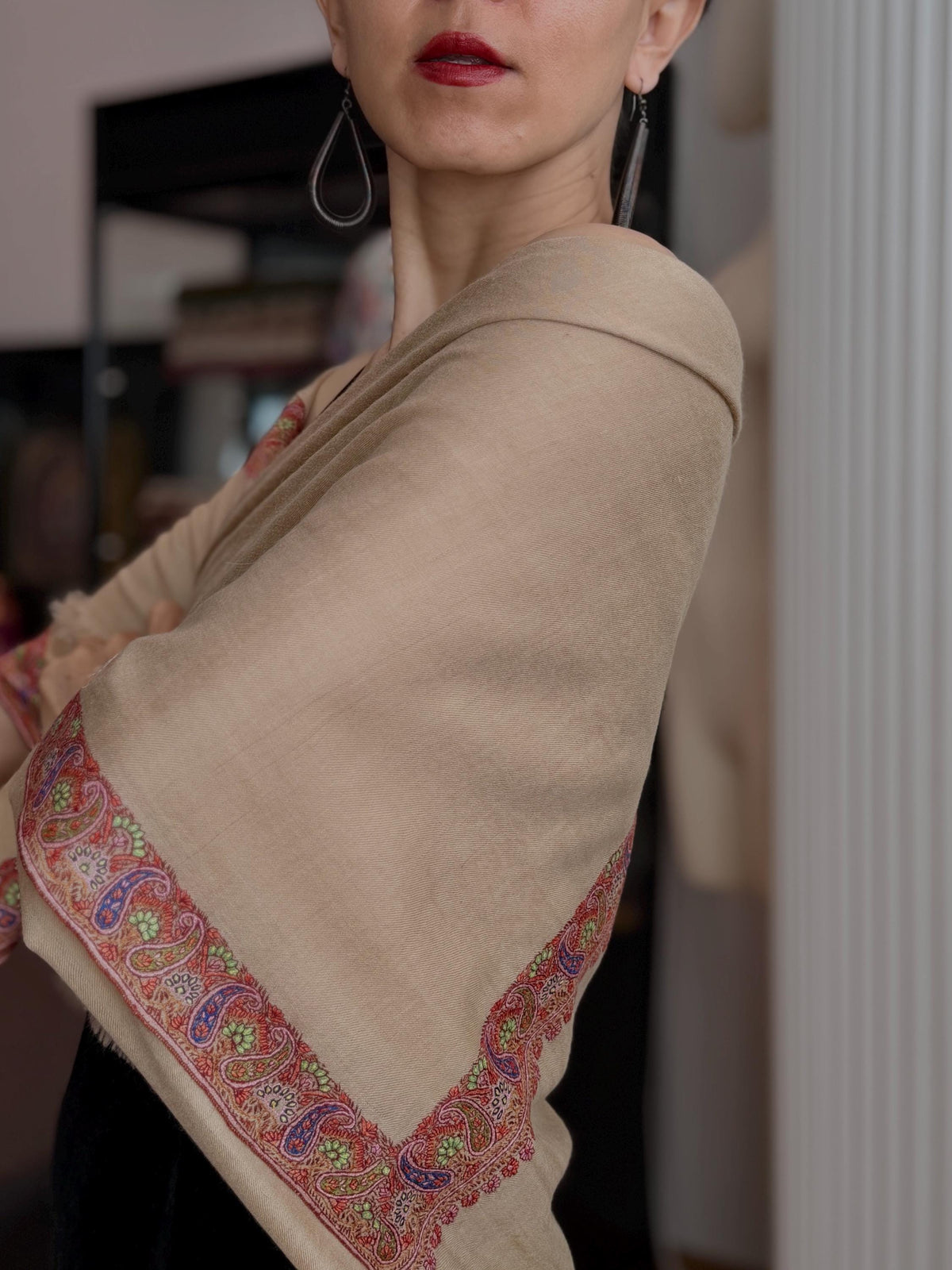 Elegant Apricot Dhoor Embroidered Pashmina Shawl with Intricate Designs