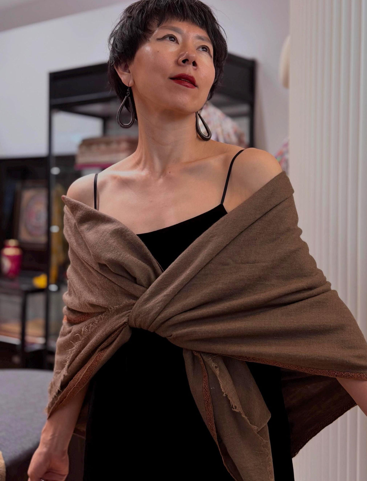Vintage 3 Yard Dark Brown Hashia Embroidered Pashmina Shawl with Classic Design Details