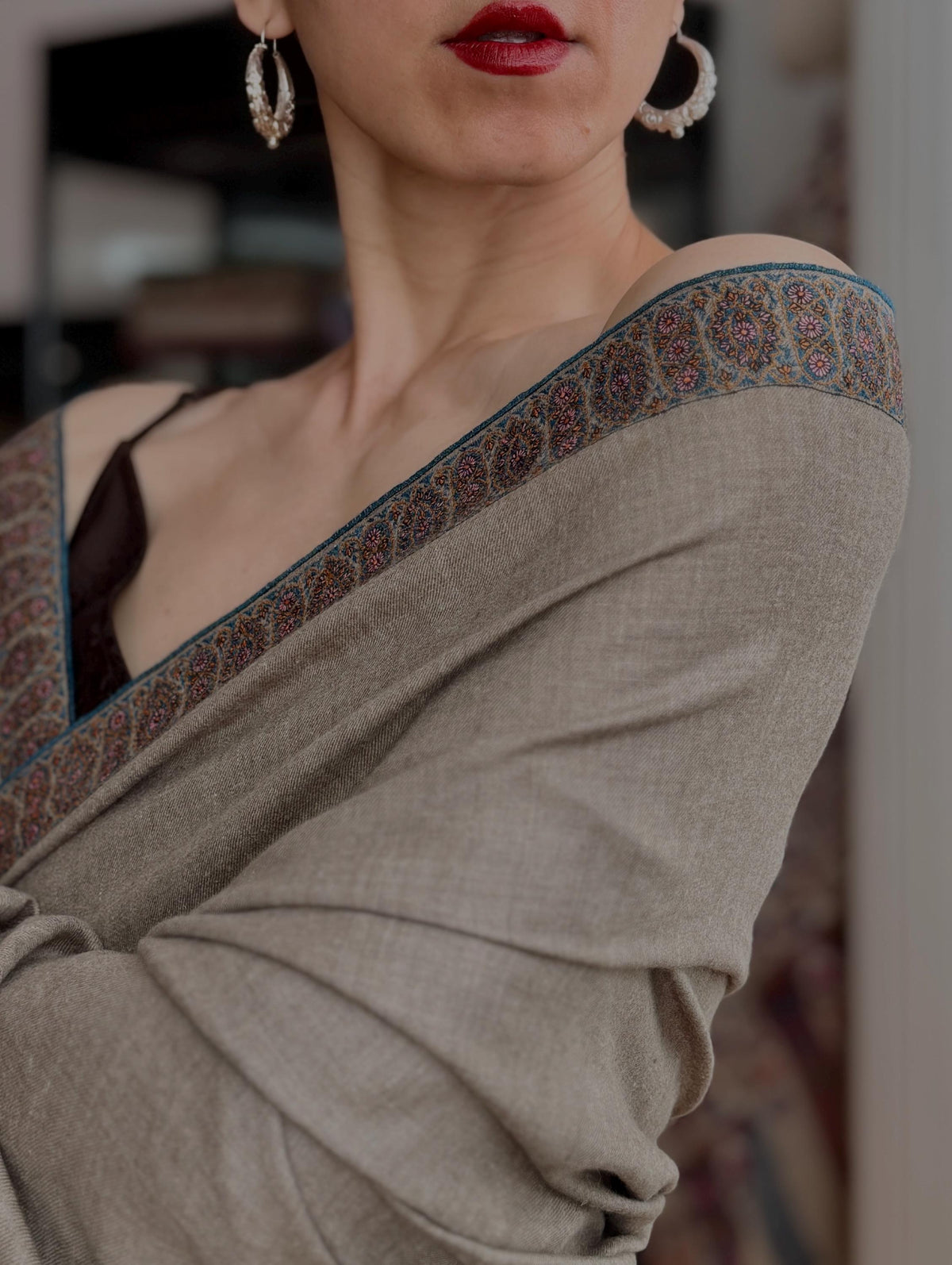 Vintage Natural Gray Dhoor Embroidered Pashmina Shawl with Geometric Designs