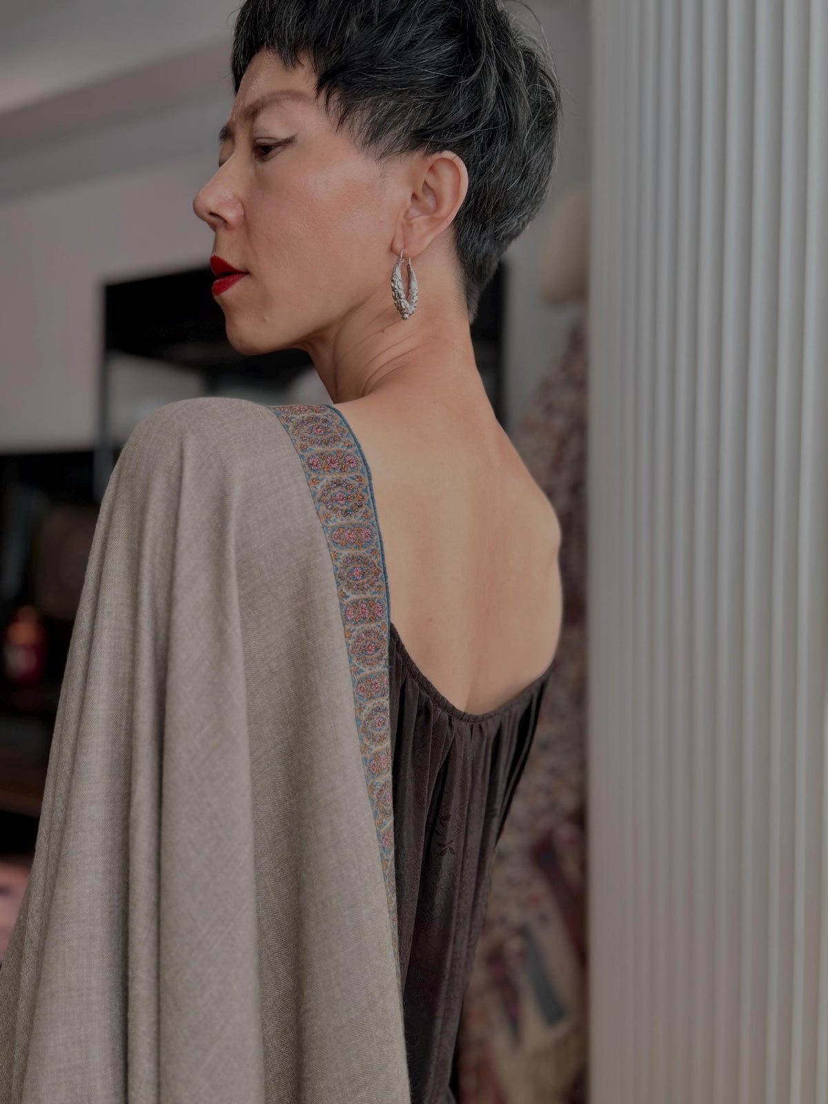 Vintage Natural Gray Dhoor Embroidered Pashmina Shawl with Geometric Designs