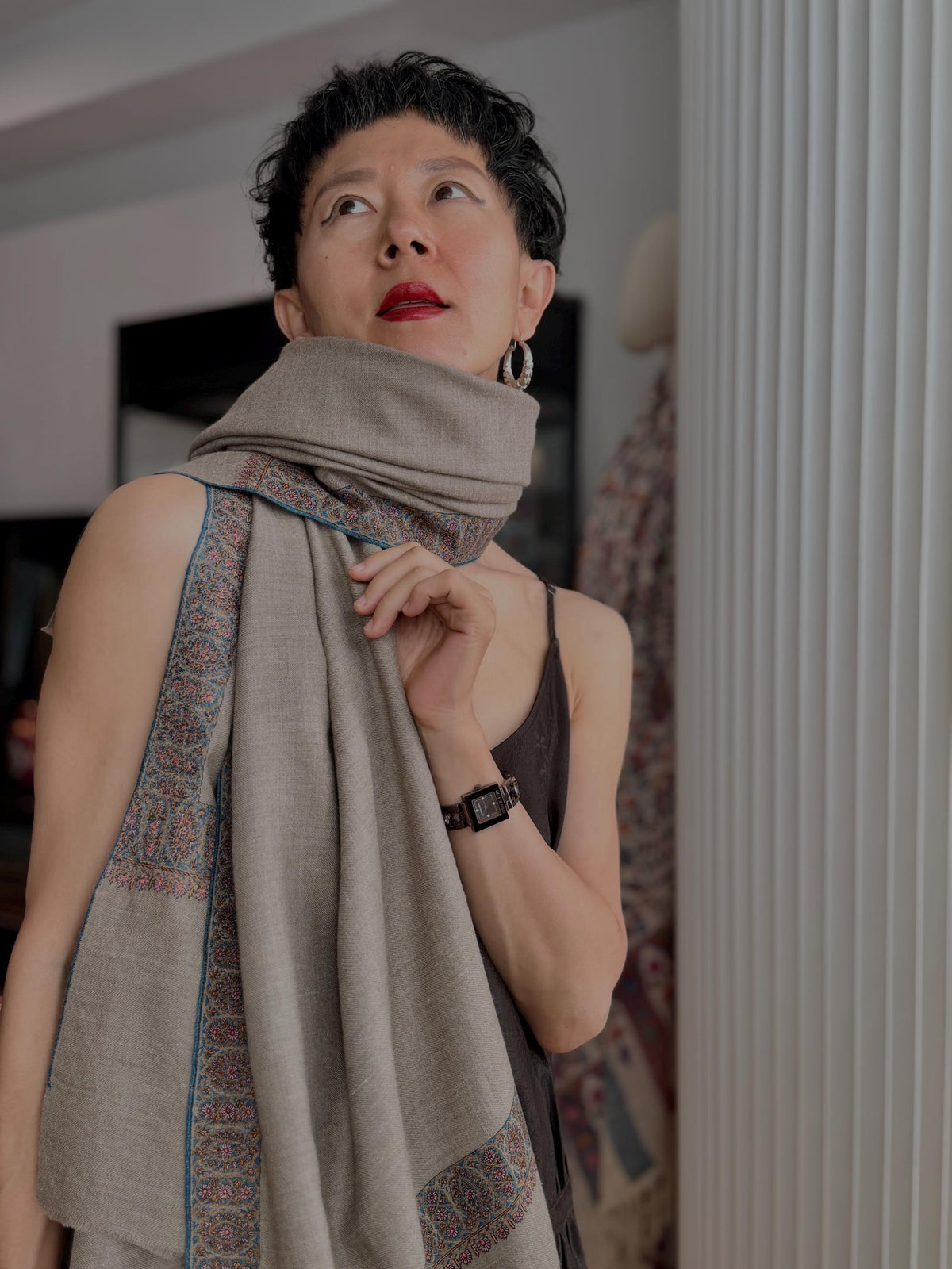 Vintage Natural Gray Dhoor Embroidered Pashmina Shawl with Geometric Designs