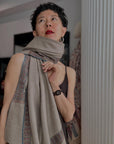Vintage Natural Gray Dhoor Embroidered Pashmina Shawl with Geometric Designs