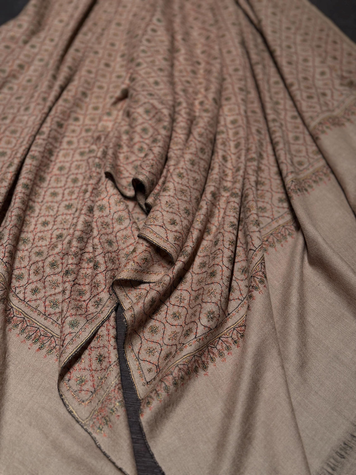 Vintage Gray Jali Embroidered Pashmina Shawl with Intricate Details