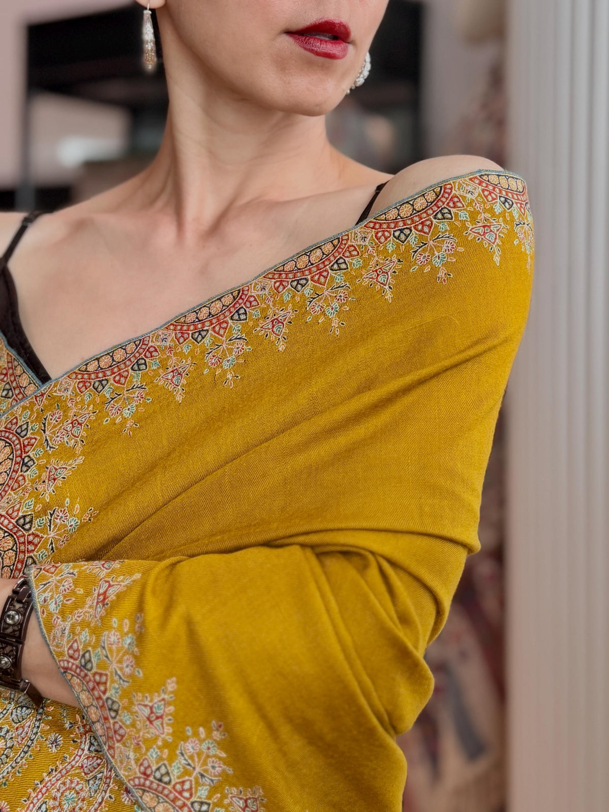 Mustard Palla Embroidered Pashmina Shawl with Paisley Design Details