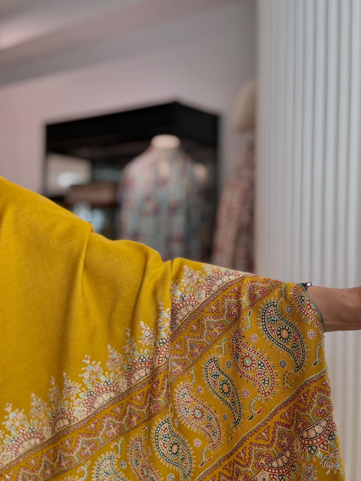 Mustard Palla Embroidered Pashmina Shawl with Paisley Design Details