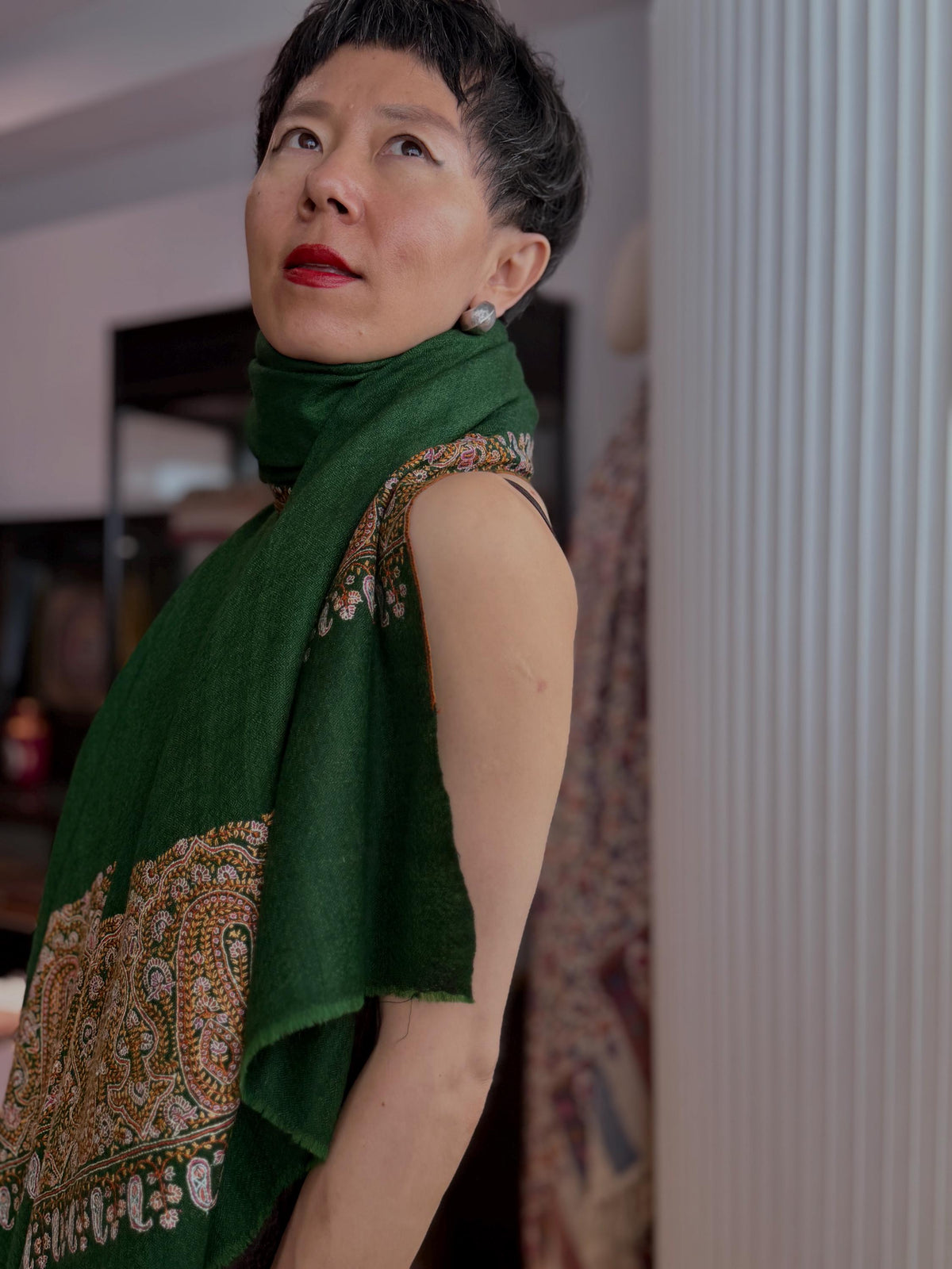 Vintage Pine Green Palla Embroidered Pashmina Shawl with Paisley Designs