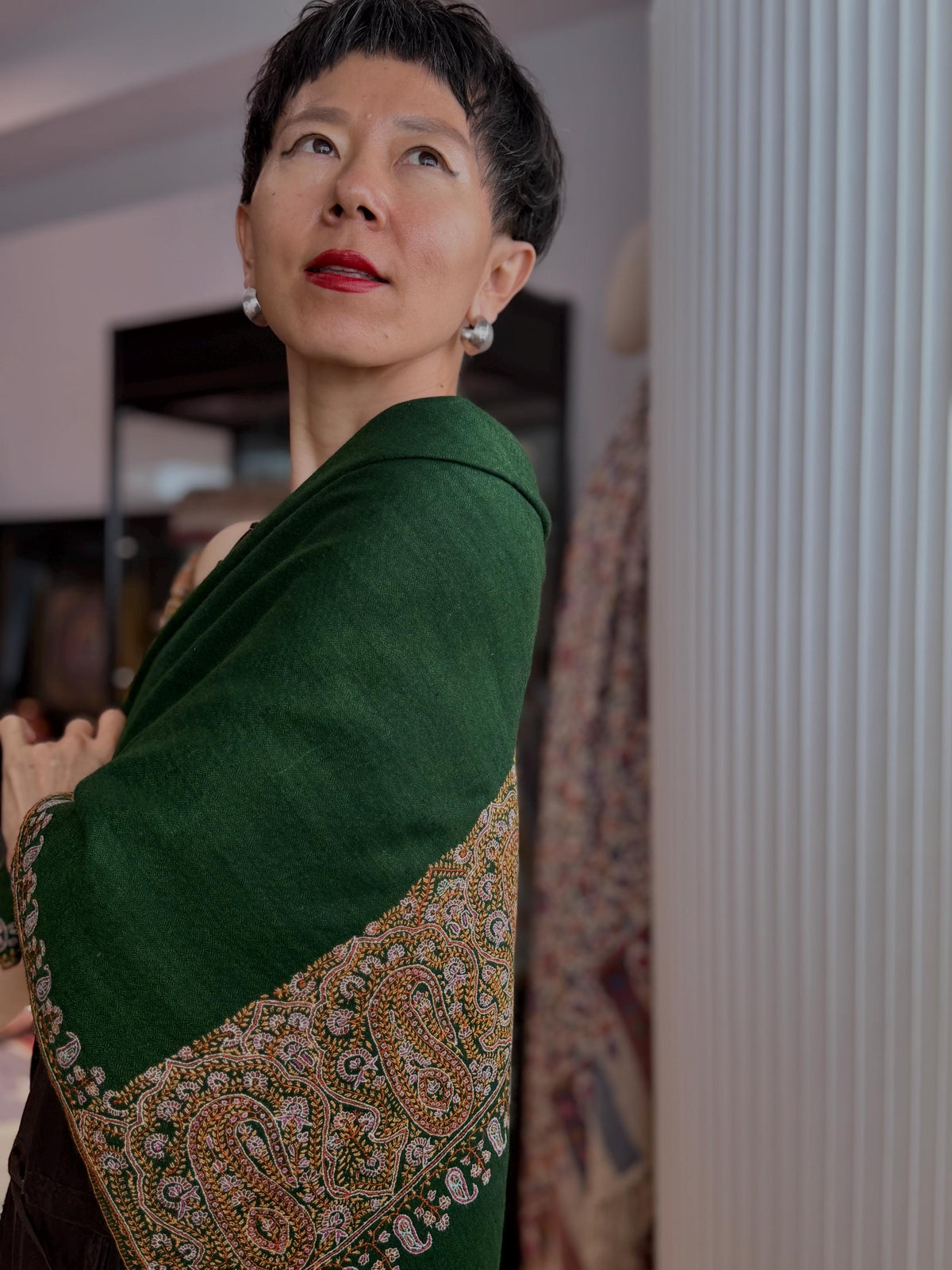 Vintage Pine Green Palla Embroidered Pashmina Shawl with Paisley Designs