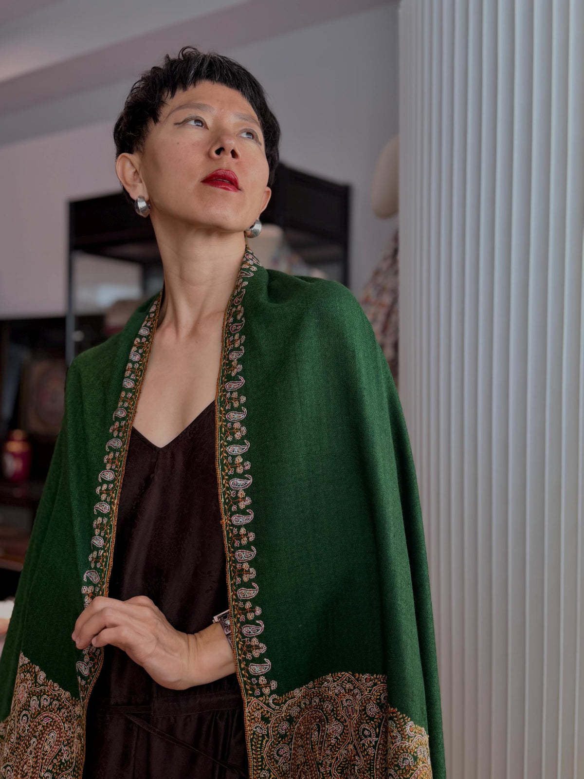 Vintage Pine Green Palla Embroidered Pashmina Shawl with Paisley Designs
