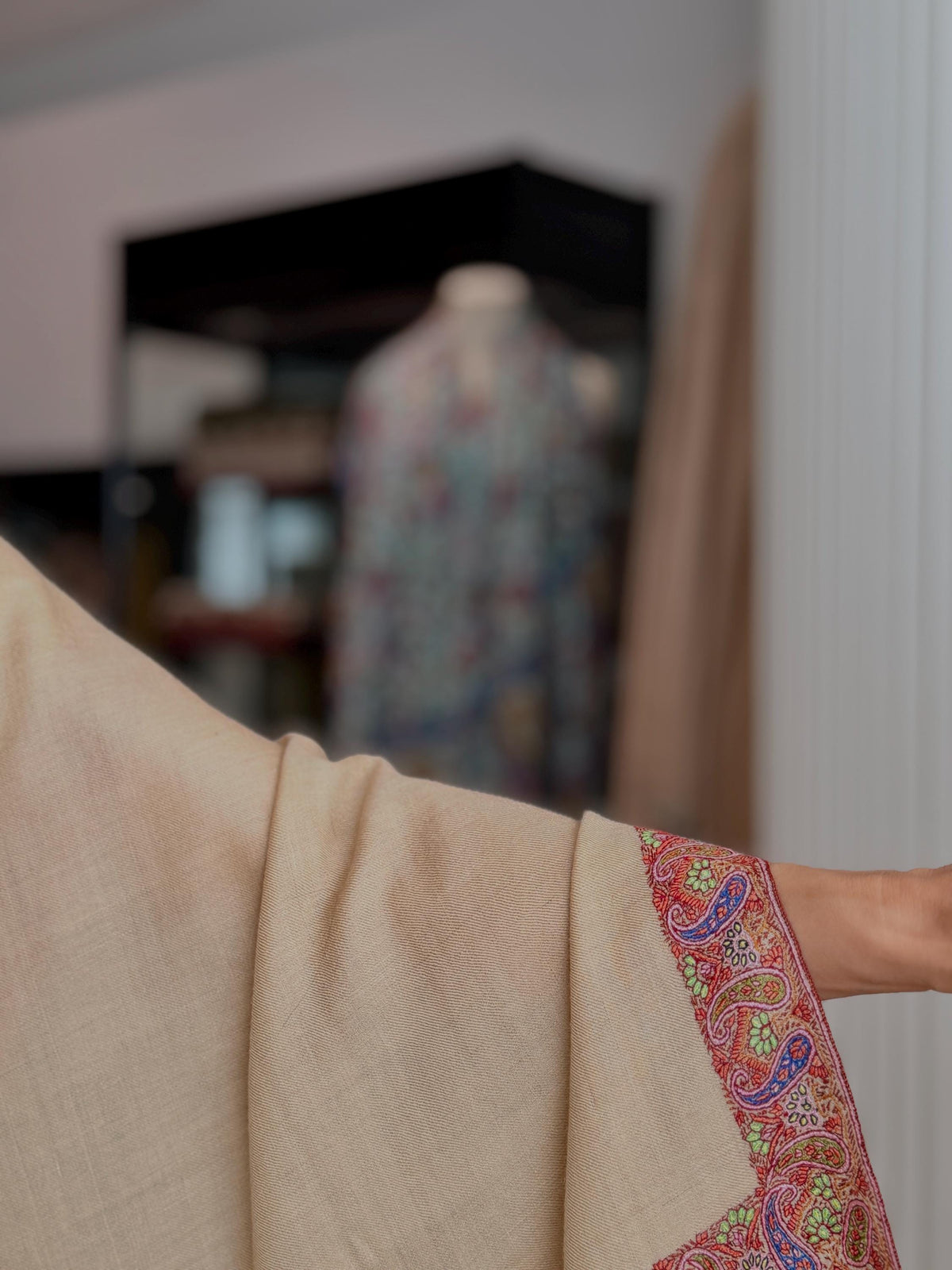 Elegant Apricot Dhoor Embroidered Pashmina Shawl with Intricate Designs
