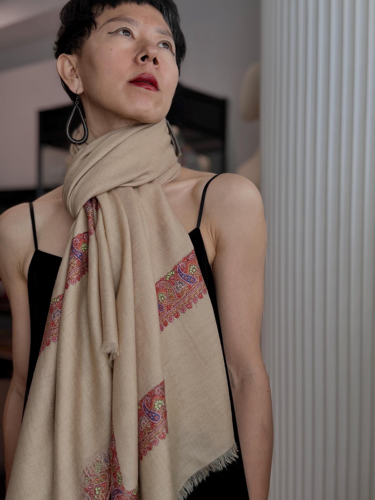 Elegant Apricot Dhoor Embroidered Pashmina Shawl with Intricate Designs