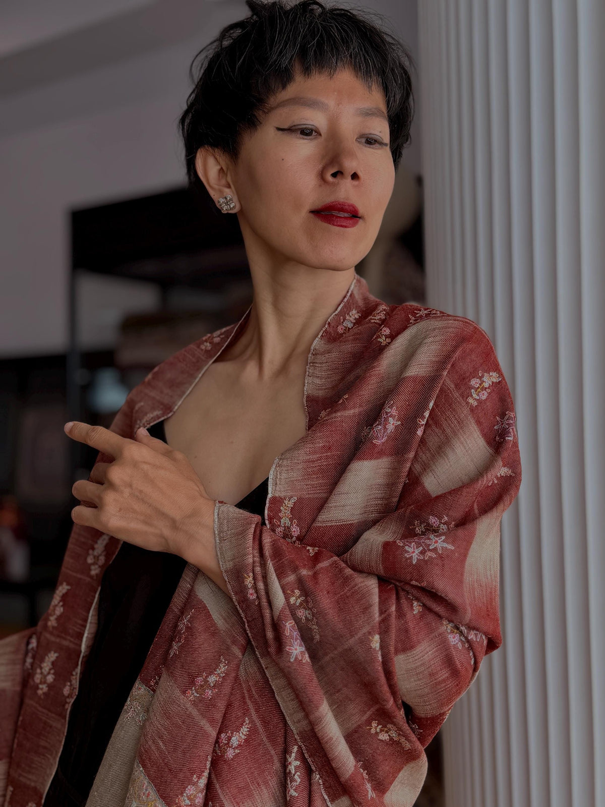 Winterberry IKAT Buti Embroidered Pashmina Shawl