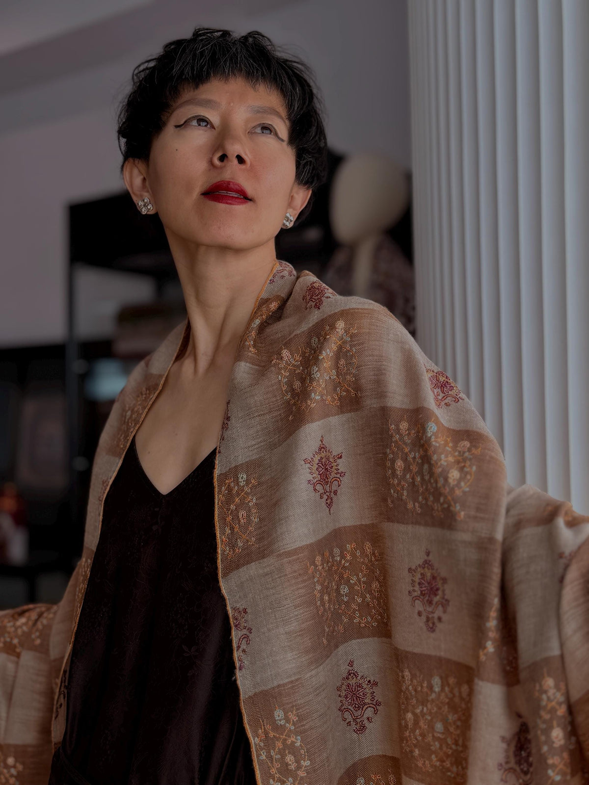 Orange IKAT Buti Embroidered Pashmina Shawl