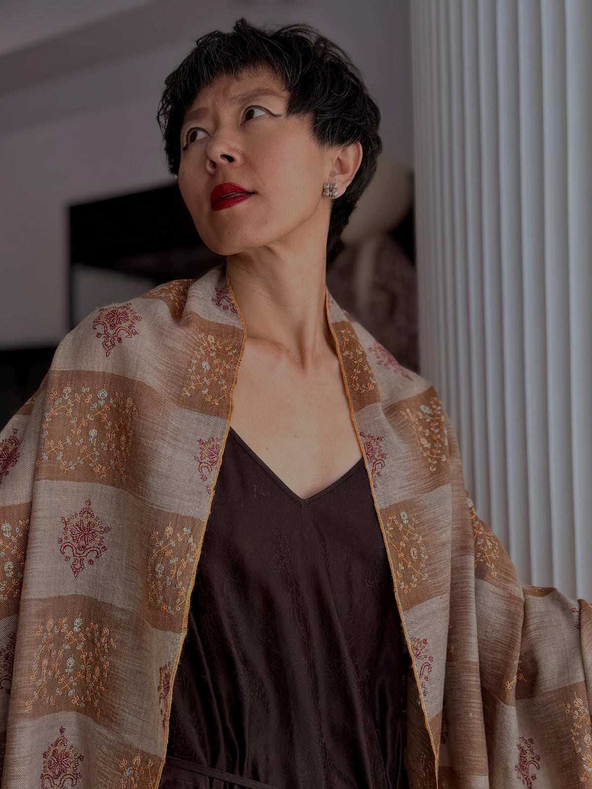 Orange IKAT Buti Embroidered Pashmina Shawl