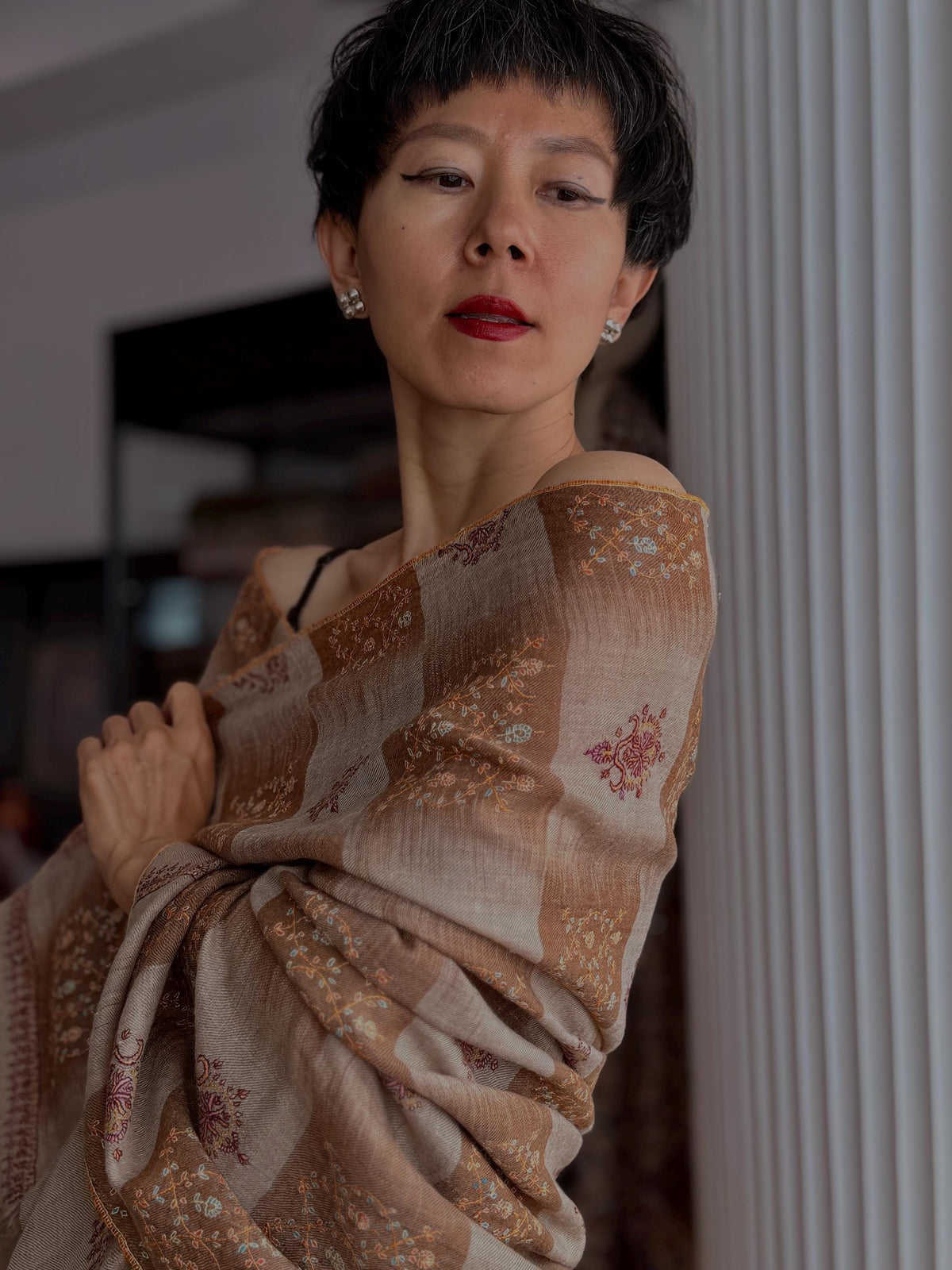 Orange IKAT Buti Embroidered Pashmina Shawl