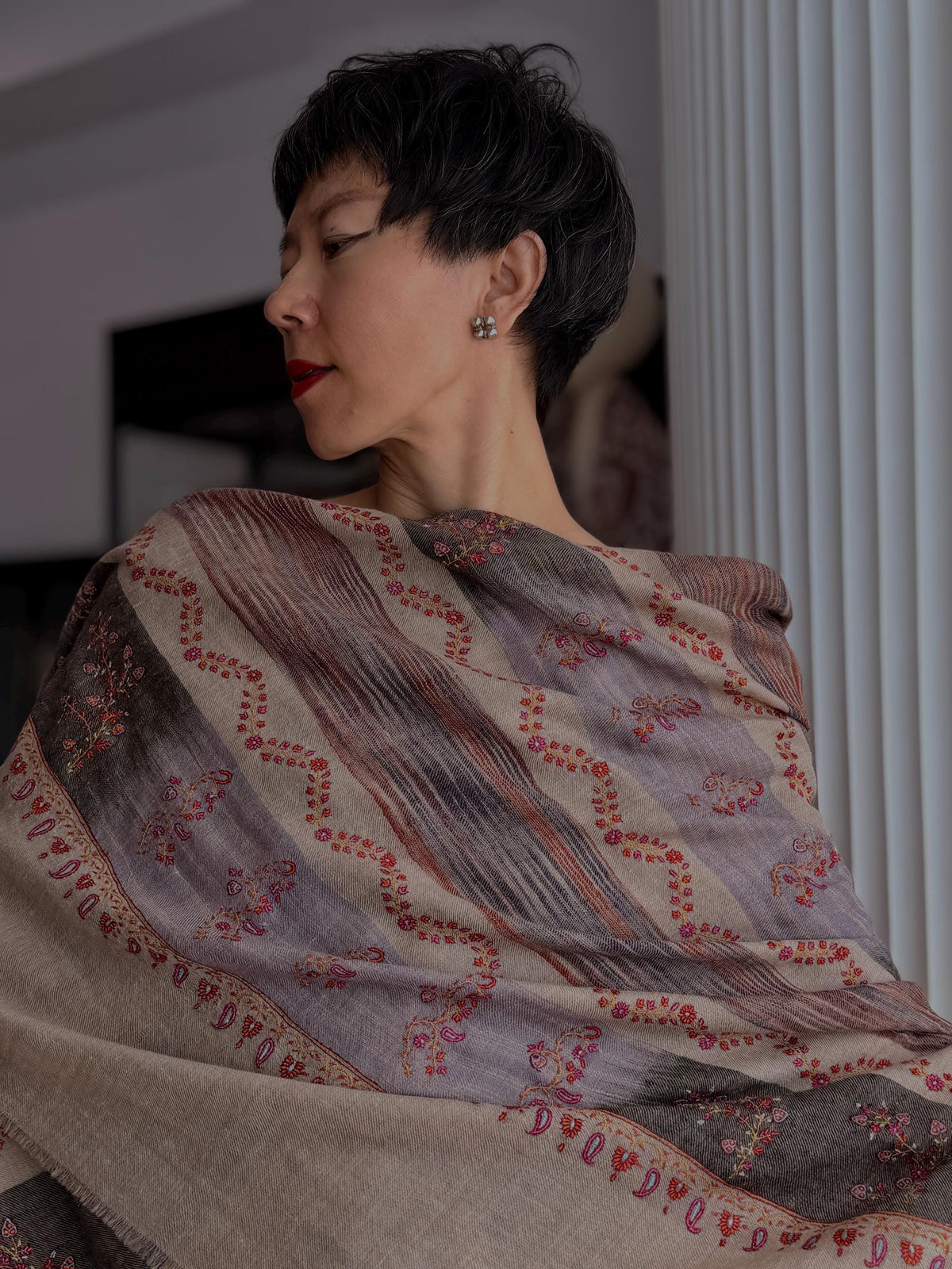 Purple IKAT Buti Embroidered Pashmina Shawl