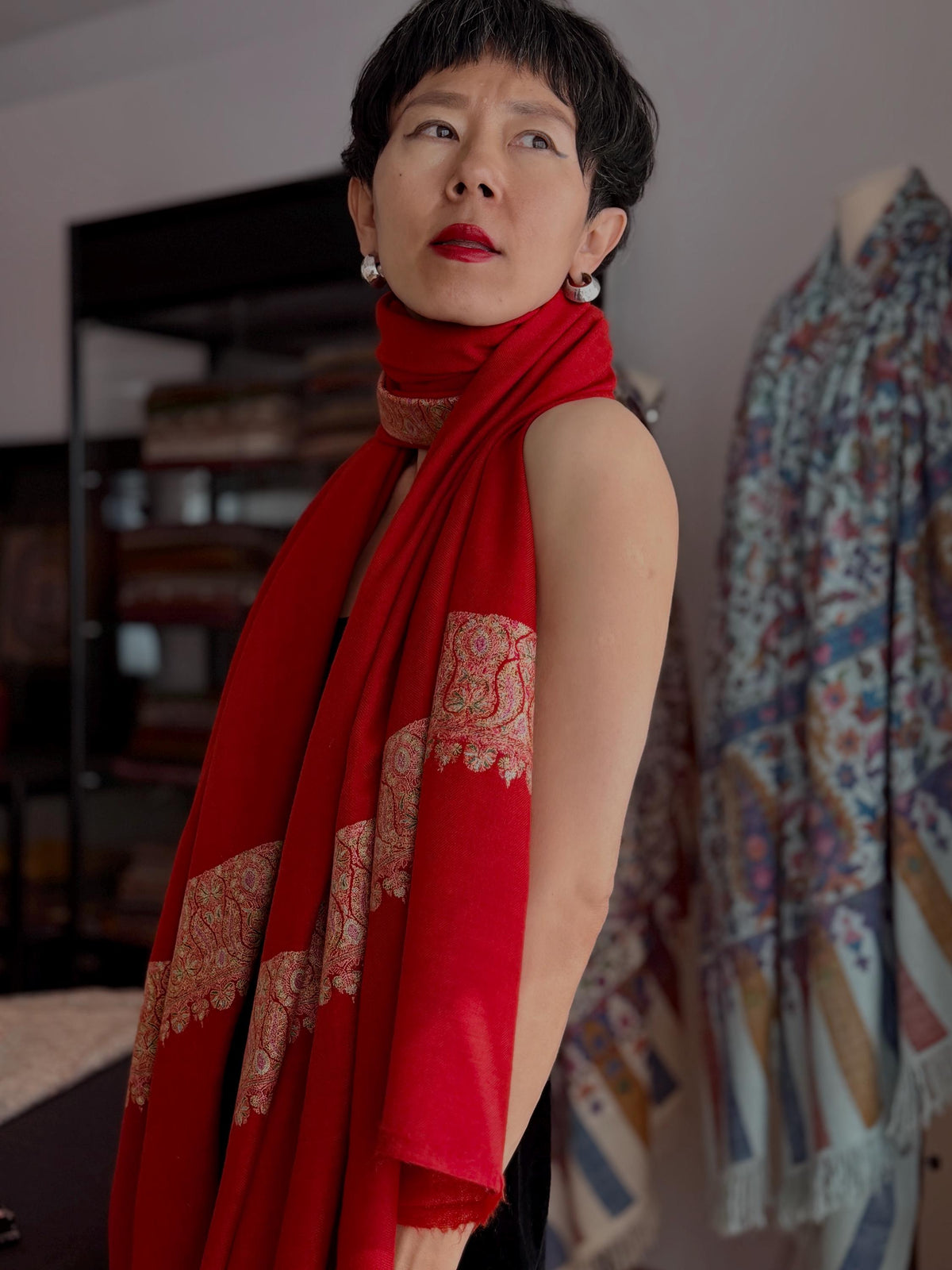 Exquisite Peach Red Dhoor Embroidered Pashmina Shawl