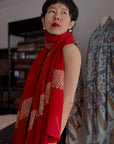 Exquisite Peach Red Dhoor Embroidered Pashmina Shawl