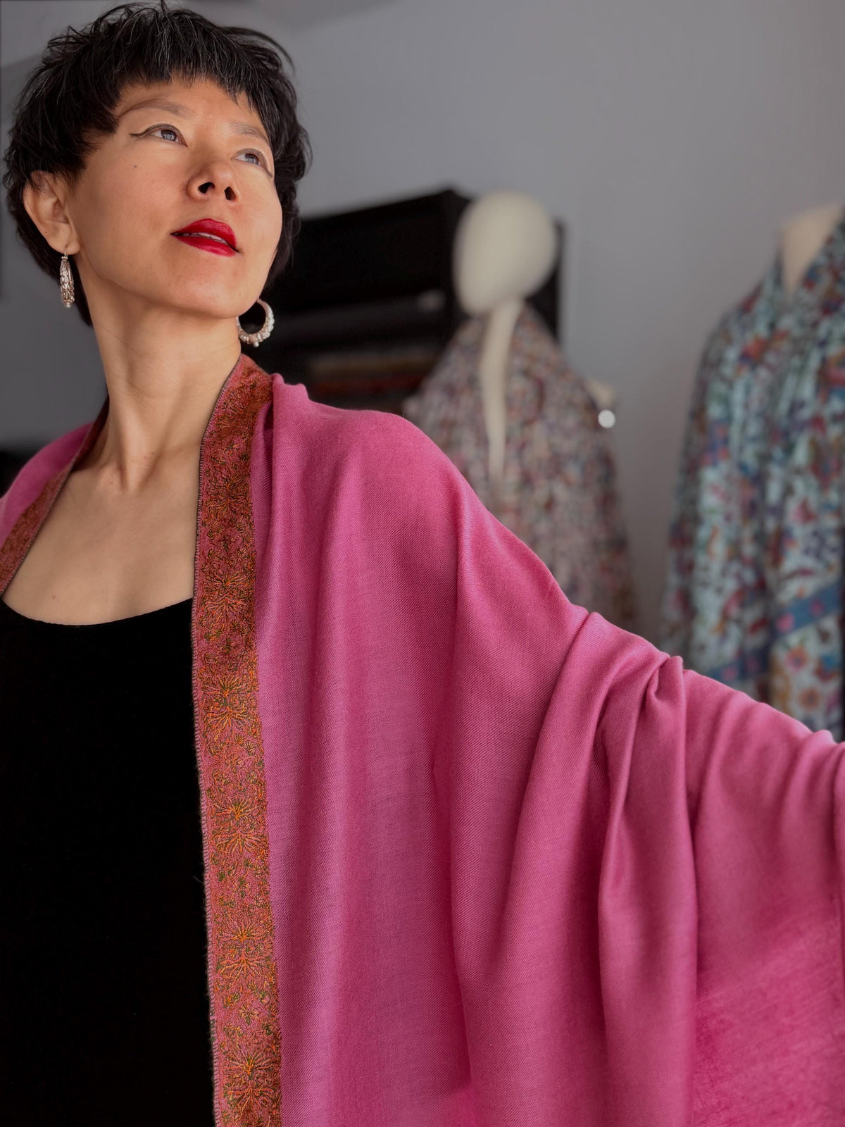 Exquisite Rose Pink Dhoor Embroidered Pashmina Shawl