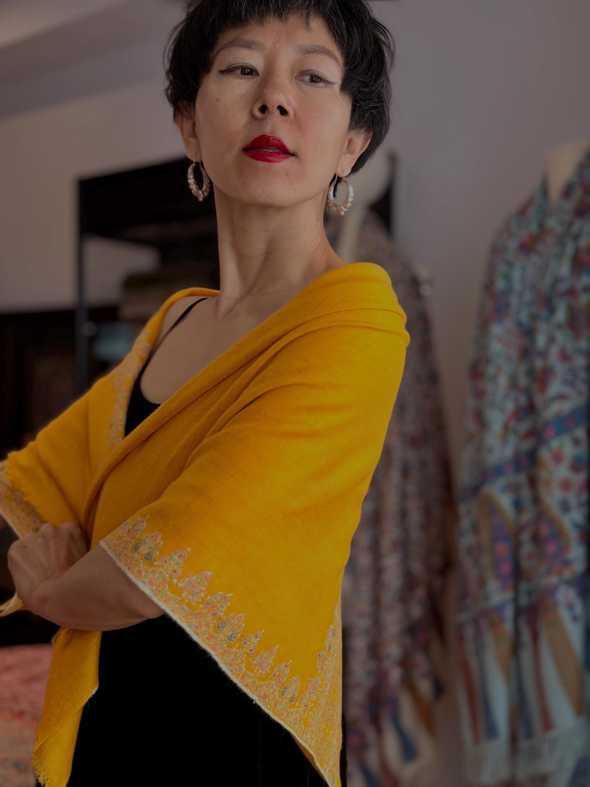 Exquisite Mango Yellow Dhoor Embroidered Pashmina Shawl