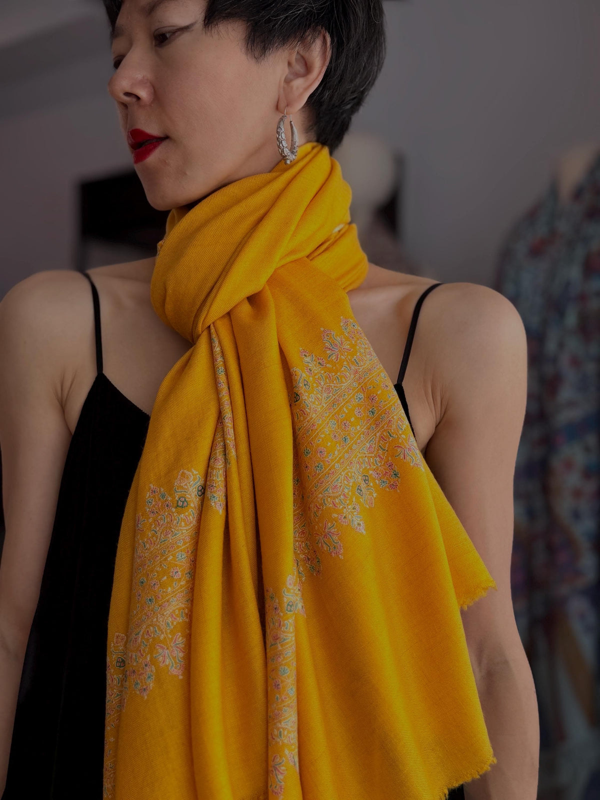 Exquisite Mango Yellow Dhoor Embroidered Pashmina Shawl