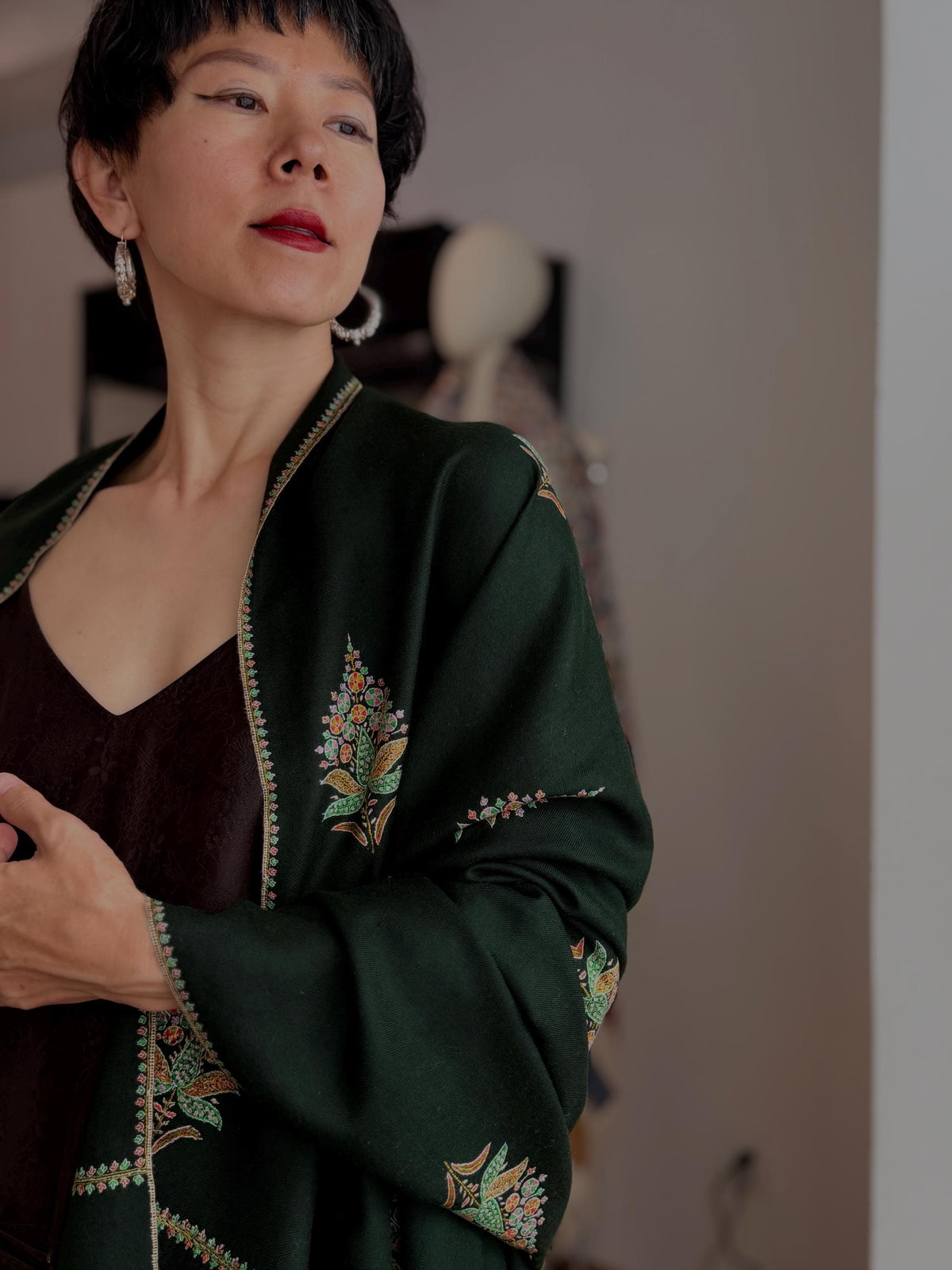 Pine Green Cypress Embroidered Pashmina Shawl