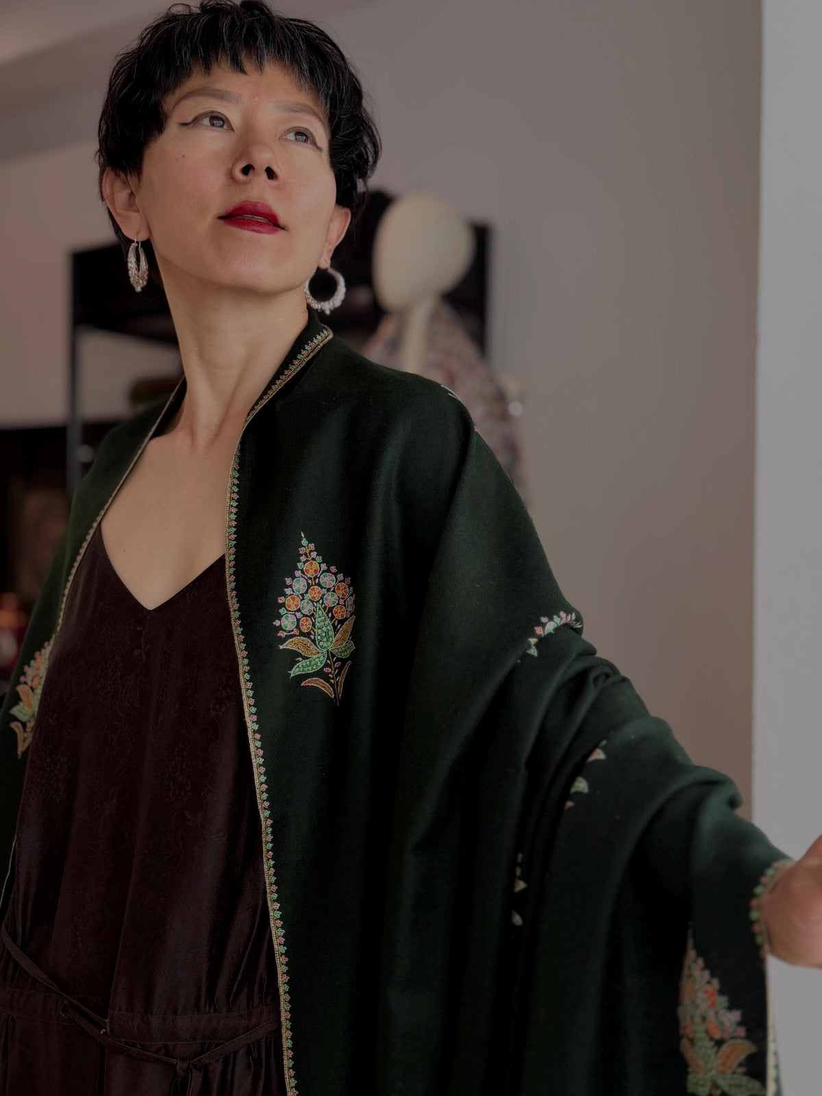 Pine Green Cypress Embroidered Pashmina Shawl