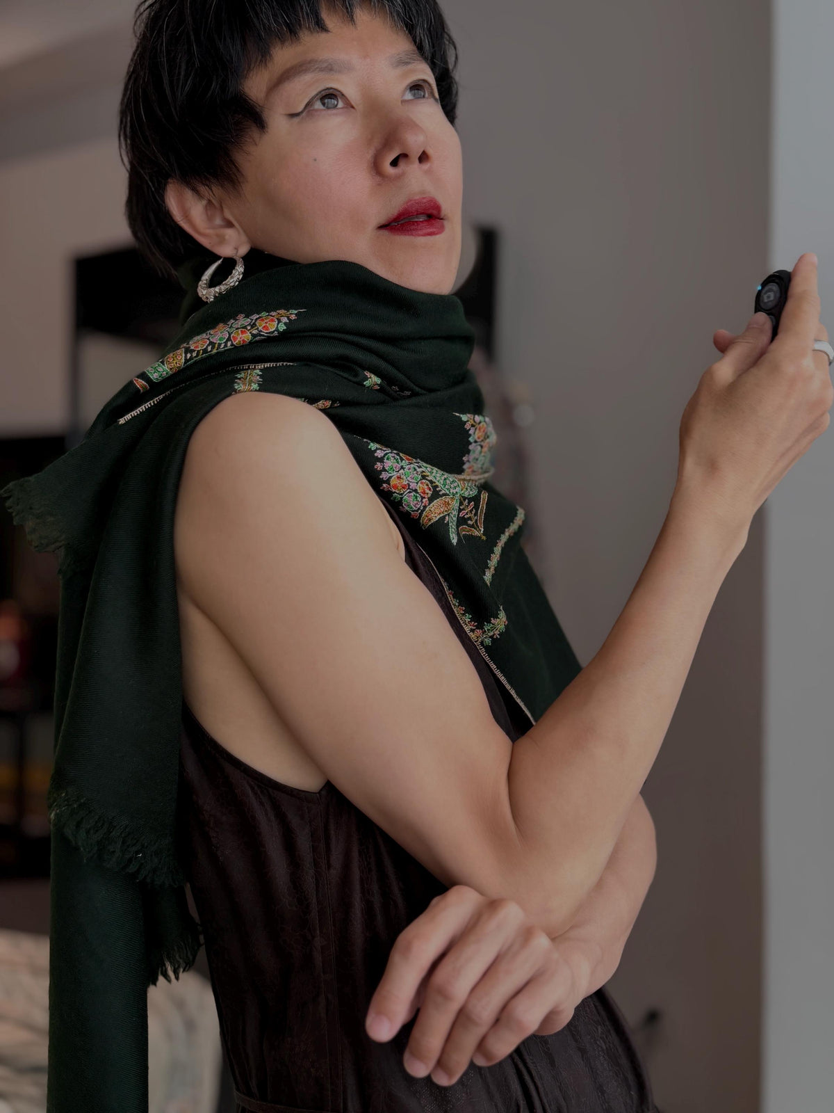 Pine Green Cypress Embroidered Pashmina Shawl