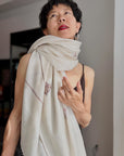 Extra Fine Ivory Silk Embroidered Pashmina Shawl with Elegant Buti Designs