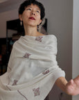Extra Fine Ivory Silk Embroidered Pashmina Shawl with Elegant Buti Designs