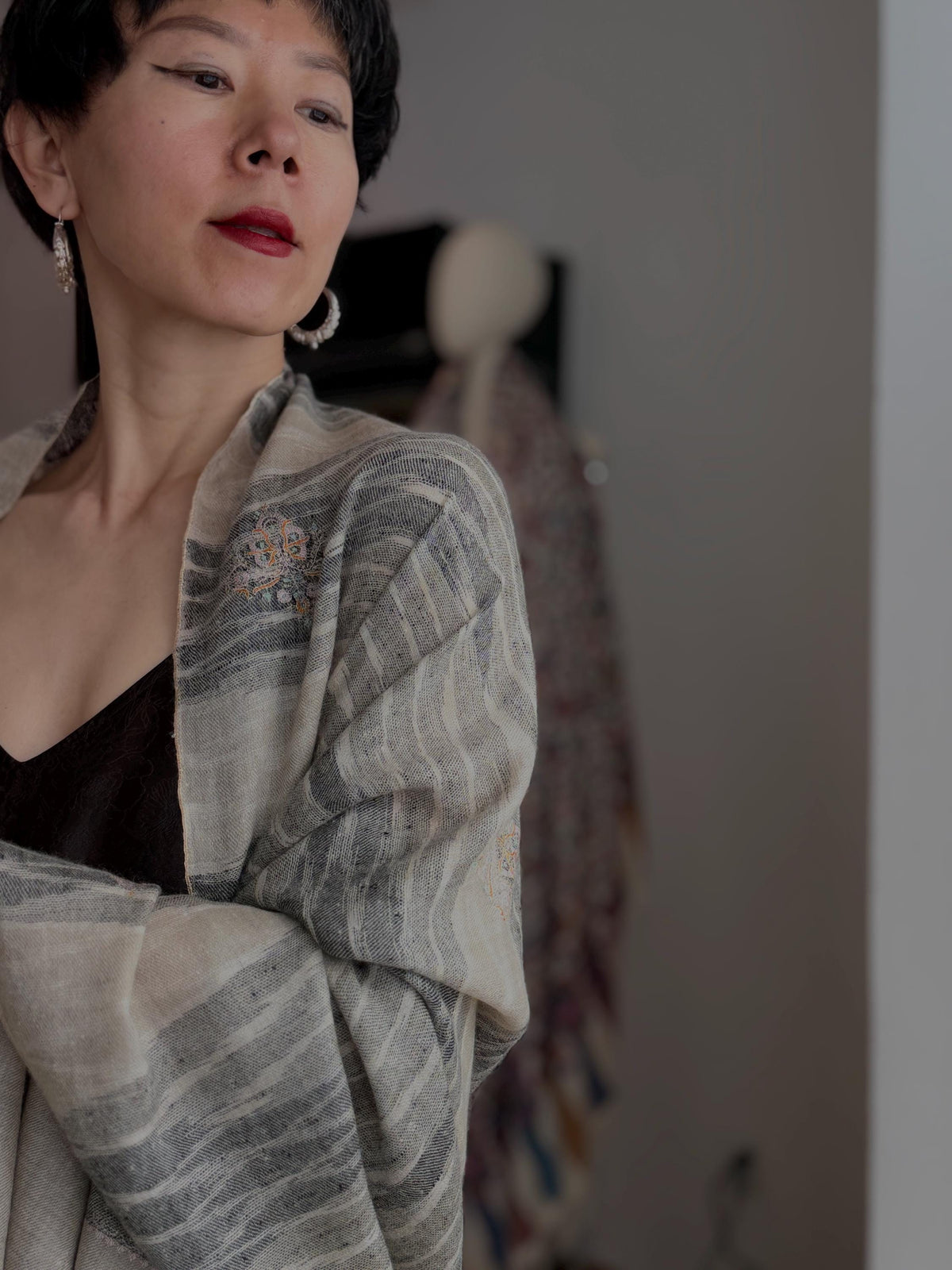 Extra Fine Silk Embroidered Pashmina Shawl with Elegant Ikat Stripes Design